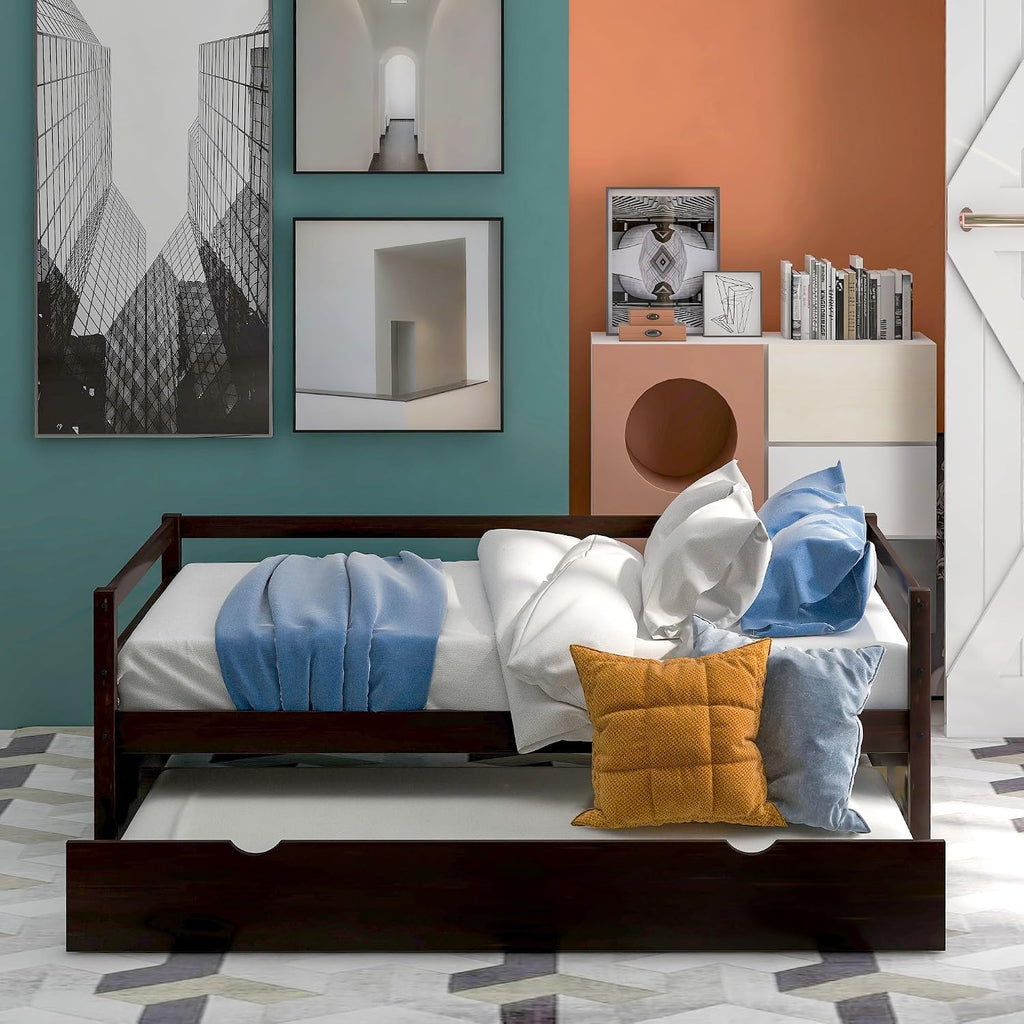 SECOLI Sturdy Wood Twin Size Bed Frame Daybed with Trundle Frame Set, Twin Size, Espresso