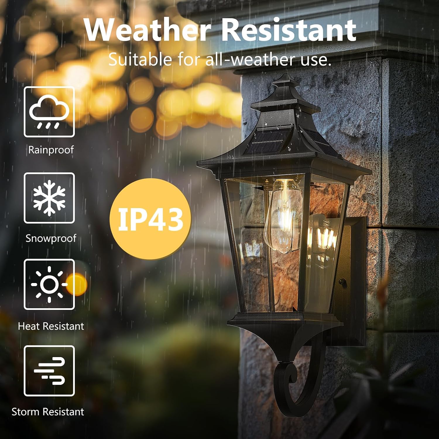 Emliviar Solar Exterior Front Porch Light with Remote Control, 3 Lighting Modes Waterproof Solar Wall Lantern, Auto On/Off Black Outside Light with Clear Glass, 500181-SL BK