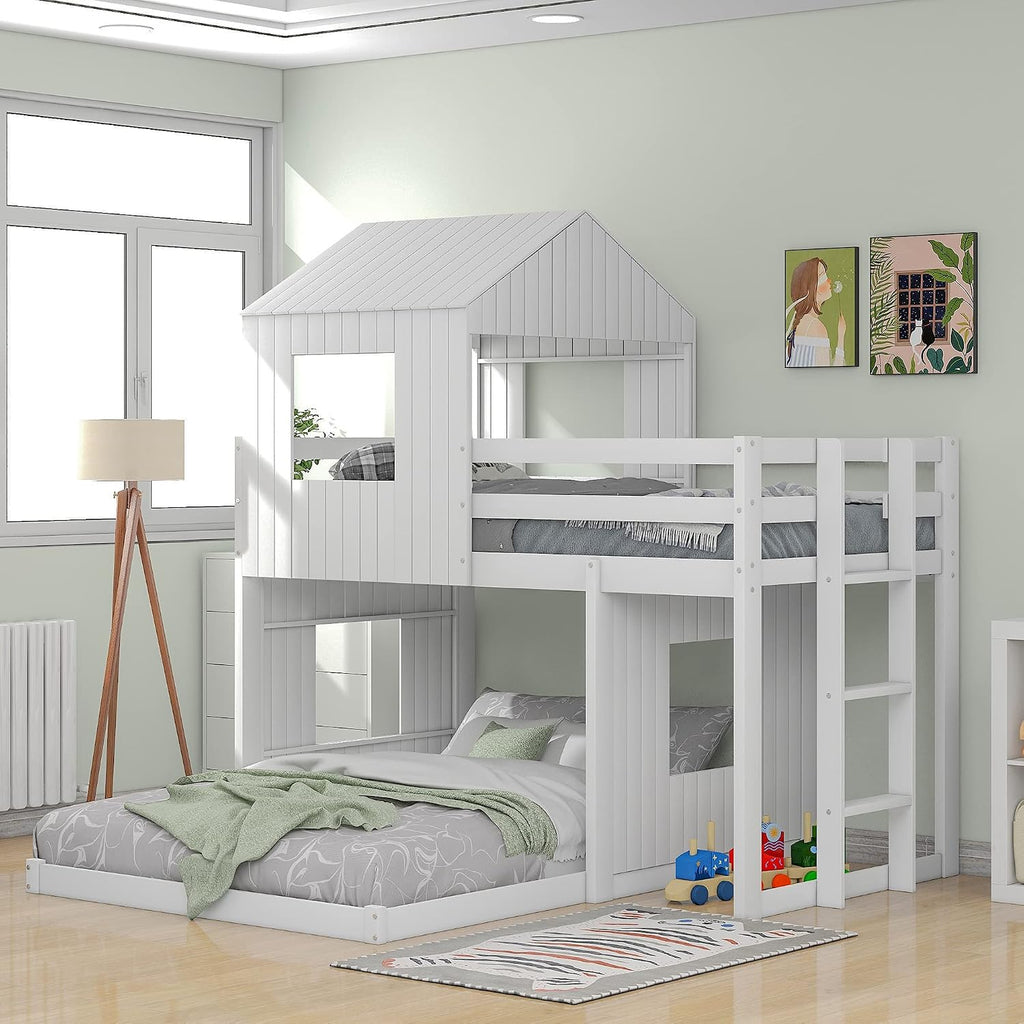 Twin Over Full Bunk Beds for Kids Toddlers, Wooden Play Farm House Bunk Bed with Roof Window Guardrail Ladder, for Girls Boys, No Spring Box Required (White-BUNK Bed-Twin-Full-4)