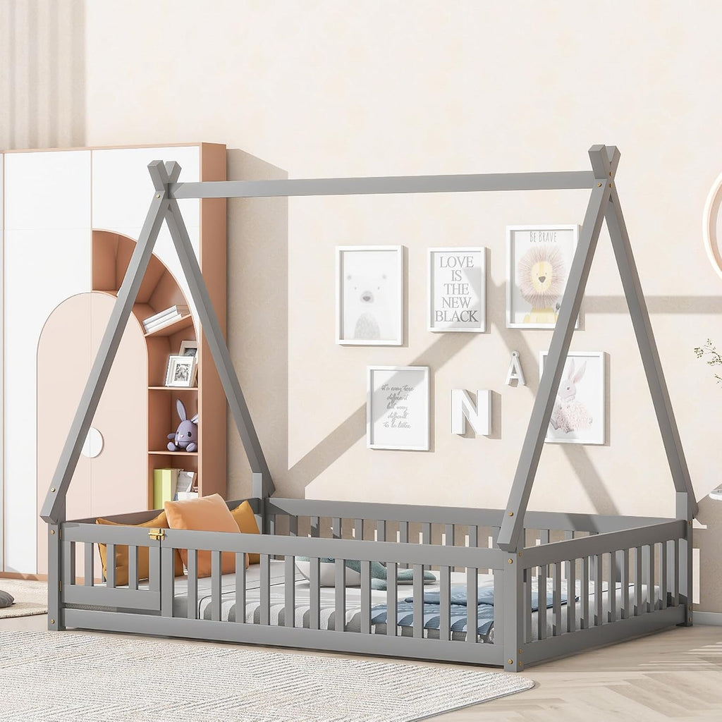 JIVOIT Full Size Tent-Shaped Floor Bed with Door, House Platform Bed Tent Bed Frame with Fence-Shaped Guardrails and Wood Slats Support, Wood Floor Play House Bed for Kids Boys Girls Teens (Gray,2)