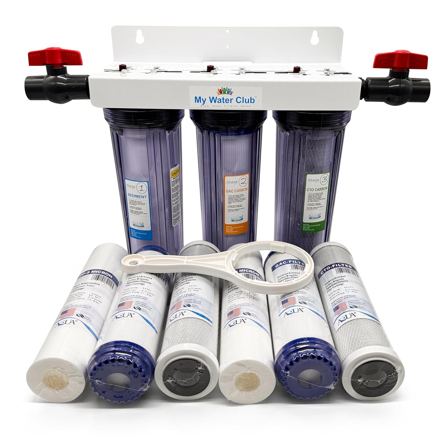 Whole House 3-Stage Water Filtration System, 3/4' port with 2 valves and extra 1 year filter supply (2 sets, 6 pcs)