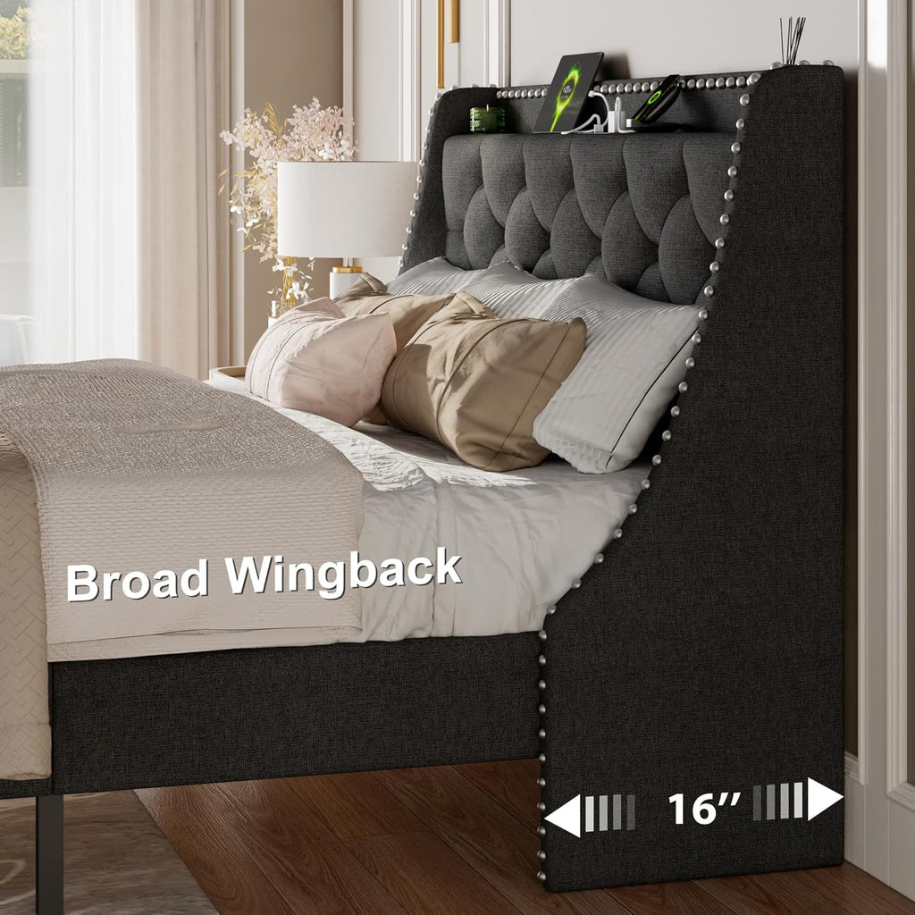 Feonase Queen Bed Frame with Luxury Wingback and Fast Charging Station,Upholstered Button Tufted Storage Headboard Queen Platform Bed,Sturdy Wooden Slats Support,Noise-Free,Easy Assembly,Dark Gray