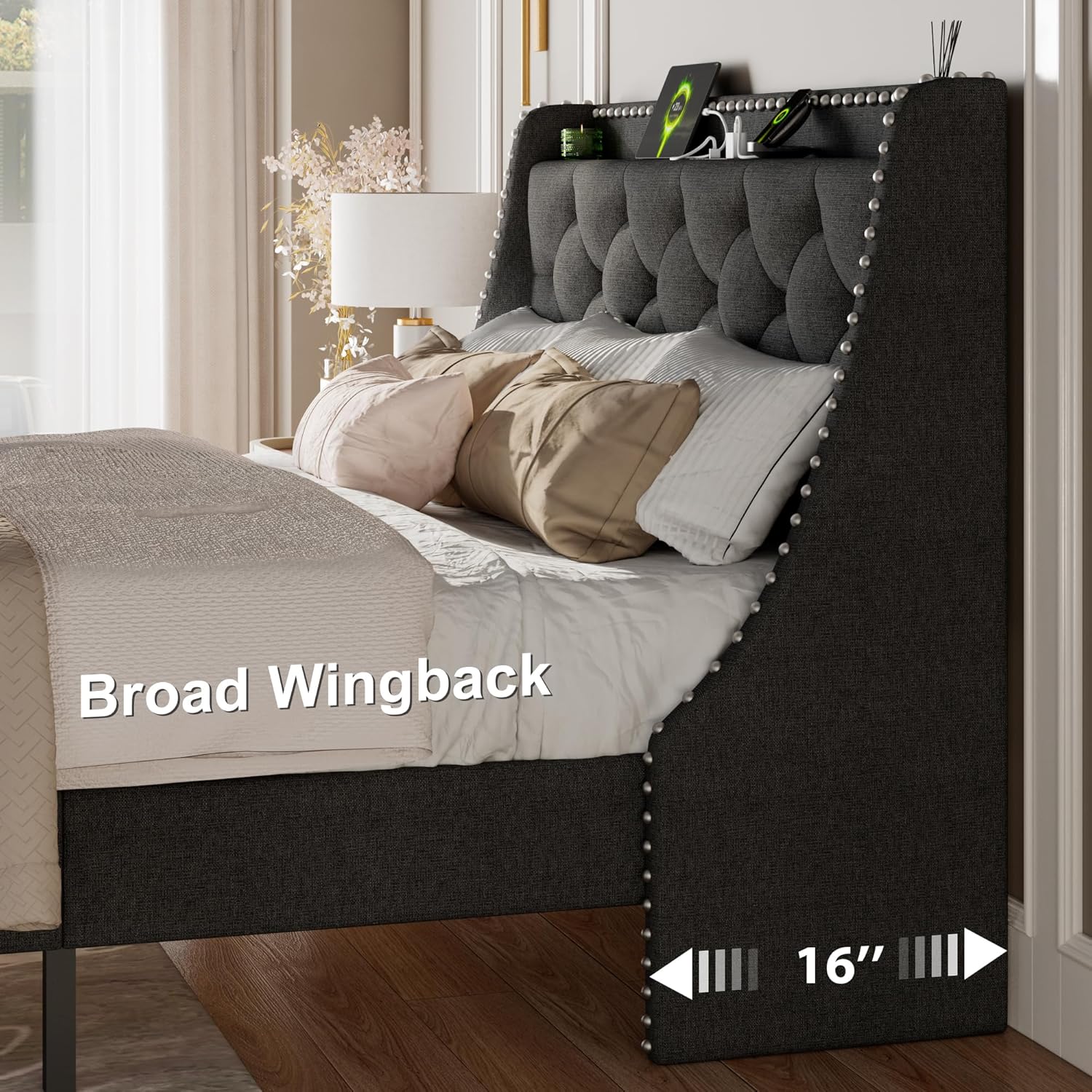 Feonase Queen Bed Frame with Luxury Wingback and Fast Charging Station,Upholstered Button Tufted Storage Headboard Queen Platform Bed,Sturdy Wooden Slats Support,Noise-Free,Easy Assembly,Dark Gray