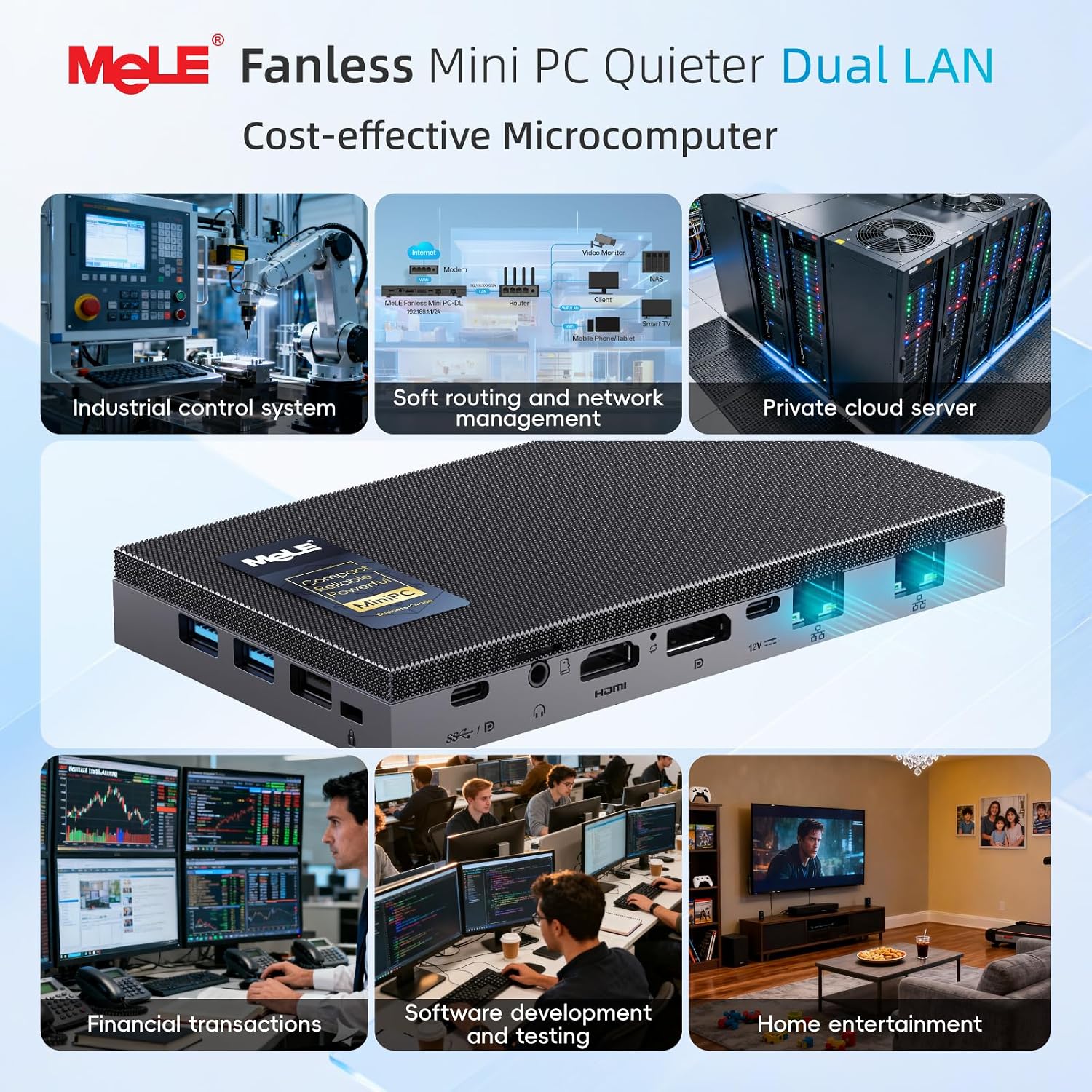 MeLE Quieter DL Fanless N150 Mini PC 2.5G Dual LAN 8GB LPDDR4x 256GB SSD Win11pro Ultrathin Micro Desktop Computer HDMI 4K USB-C DP1.4 Triple Display 2.4G/5GHz WiFi BT5.1 on Soft Router, NAS, IoT