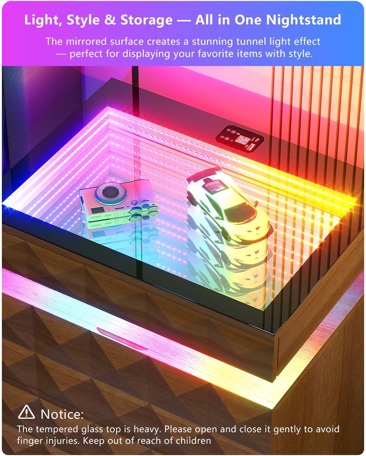 Bedside Table with Charger Station and RGB Lights, Nightstand with 3 Drawers and Sliding Top, Modern Night Stand with Human Body Sensor for Bedroom & Living Room, Wood