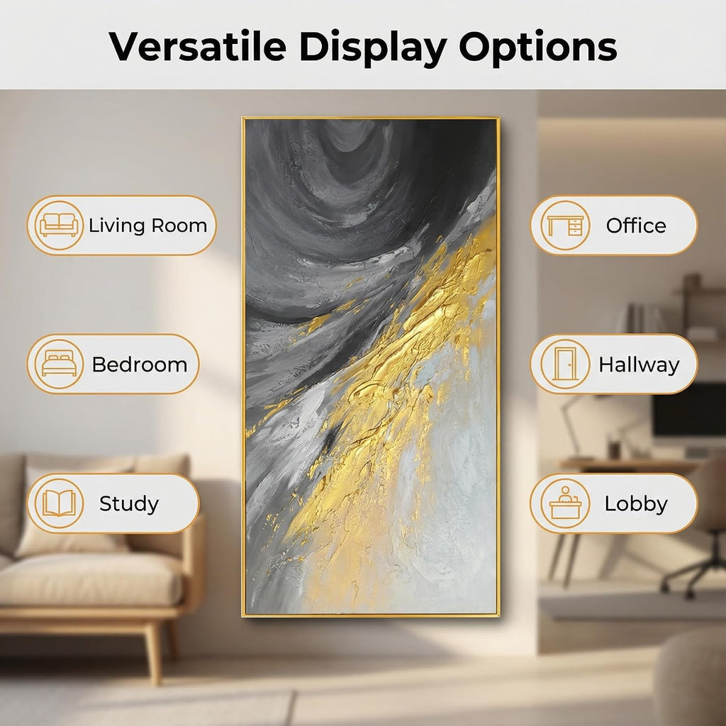 Large 3D Black and White Abstract Wall Art for Living Room, Gold Framed Textured Artwork for Office-Hand Painted Oil Painting on Canvas for Bedroom Home Decoration 24x56 inches