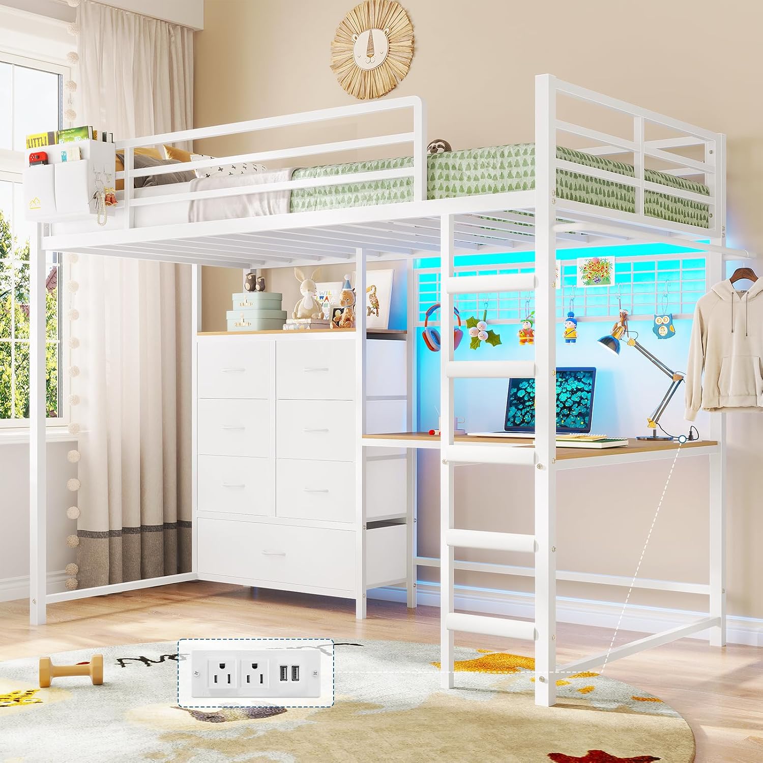 Twin Loft Bed with L-Shaped Desk, 7 Storage Drawers, Metal Loft Bed Twin Size with LED Lights and Charging Station, Storage Shelf and Pegboard, Safety Guardrail and Ladder, No Box Spring Needed, White