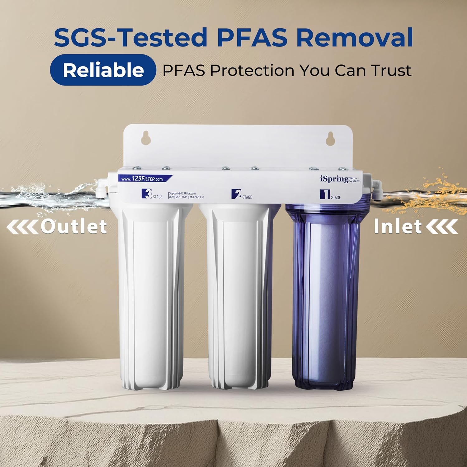 iSpring US31-PF 3-Stage Under Sink Water Filtration System, SGS-Tested to Reduces up to 99% PFOA & PFOS, 3-Stage Filtration Reduces Sediment, Chlorine, Taste & Odor, 2.5' x 10'
