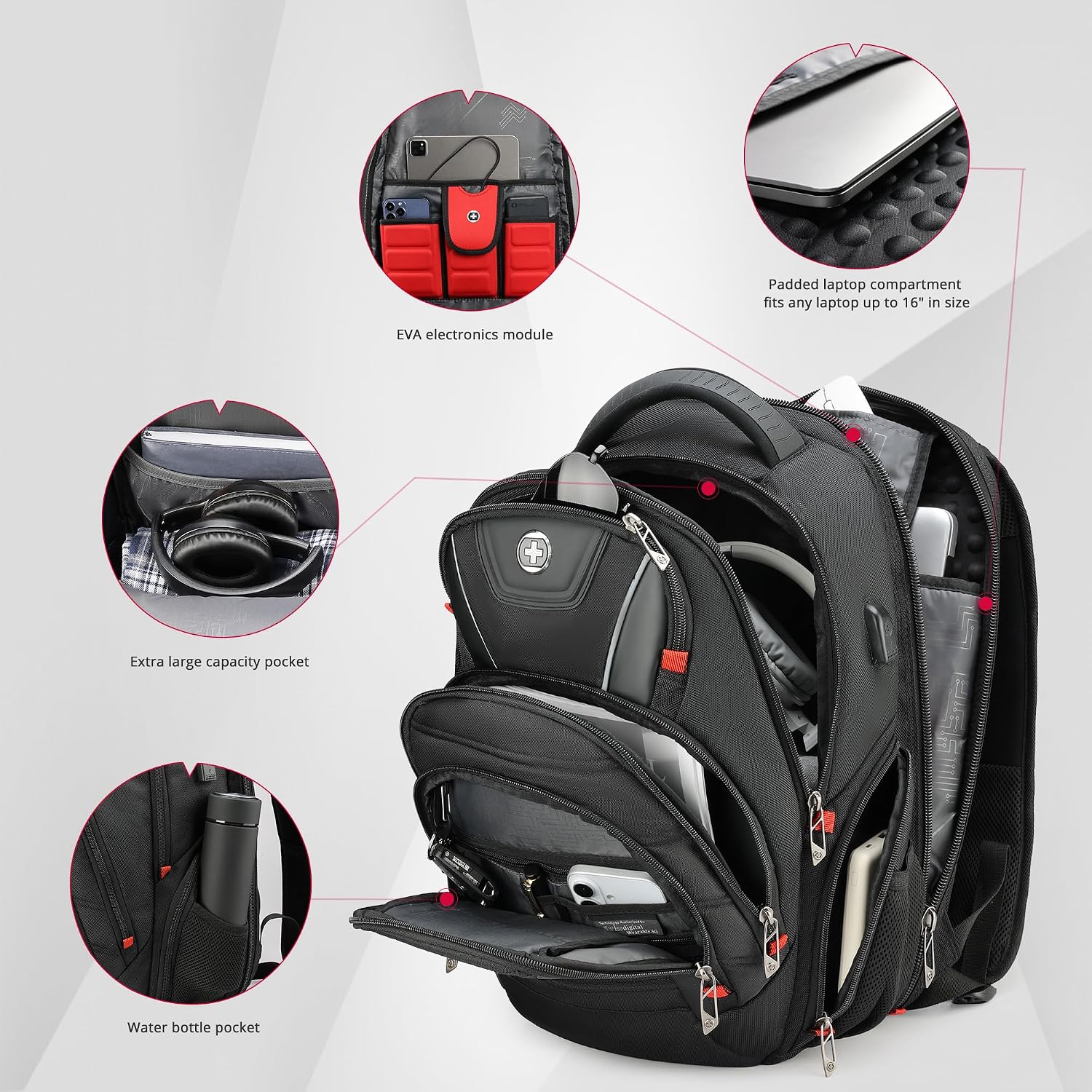 Swissdigital Design Travel Backpack for men with Apple Find My, TSA Friendly USB Charging RFID Protection Business Backpack Fits 15.6' Laptops Black | J149508F-BR
