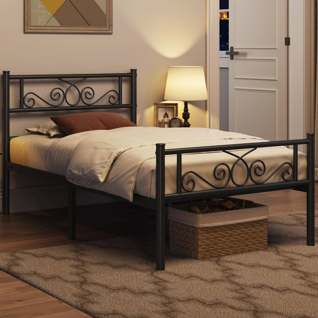 Yaheetech 2 Pcs Classic Metal Platform Bed Frame with Headboard and Footboard Flower Design Mattress Foundation Easy Set Up Structure Twin Size Black
