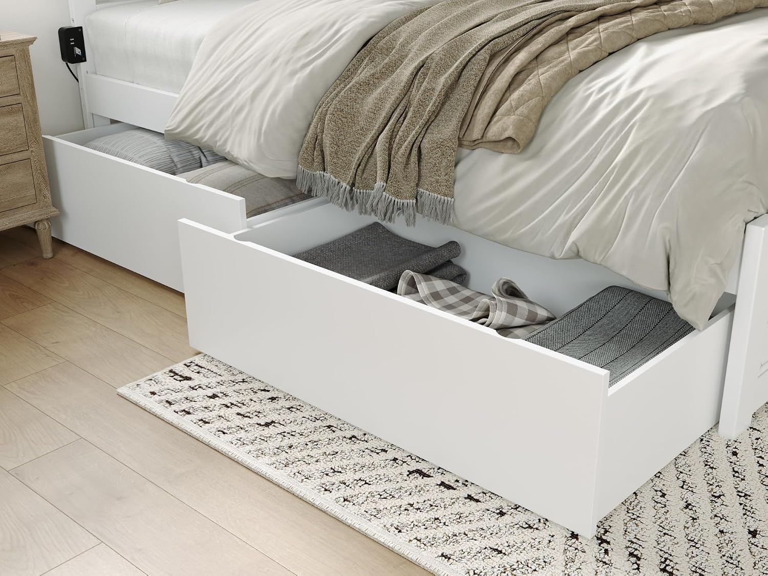 Pemberly Row Solid Wood Underbed Storage Drawers, 40 in W x 24.5 in D x 12 in H, White Finish, Set of 2, Non-Marking Rollers, Compatible with Queen, King or Twin XL Beds for Bedroom Organization