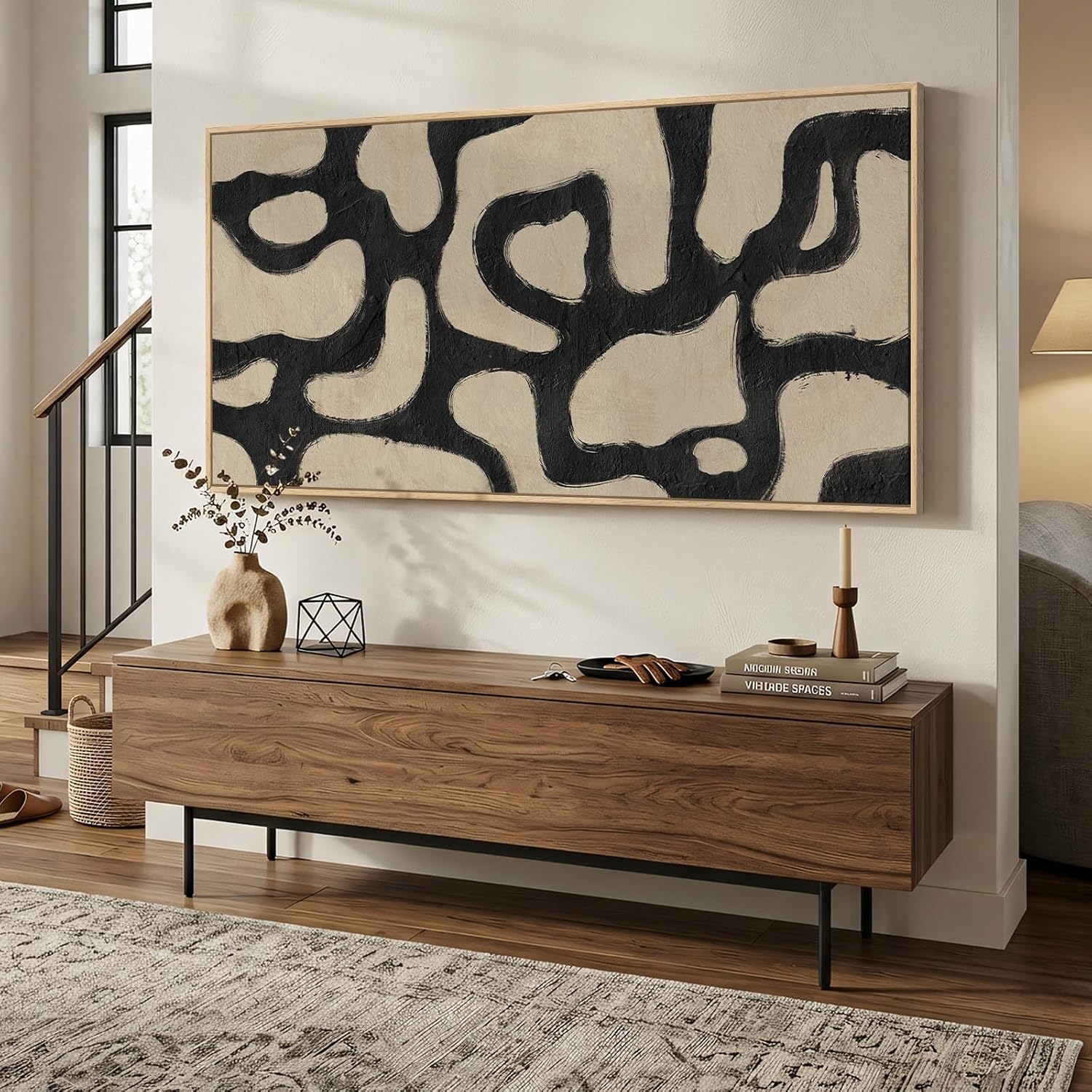 Oversized Framed Abstract Horizontal Wall Art for Living Room, Modern Neutral Black Beige Canvas Artwork for Walls, Extra Large Mid Century Paintings Print for Hallway Dining Room Wall Decor, 72x36 In