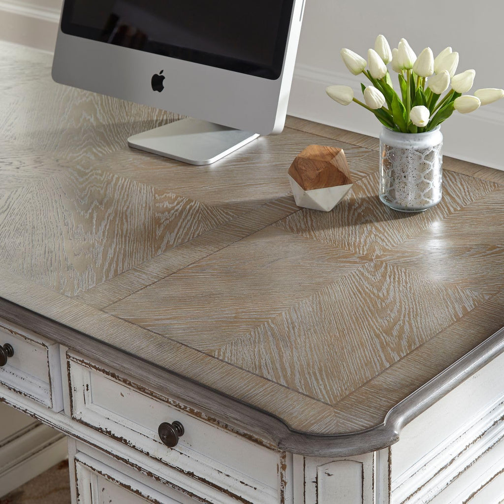Liberty Furniture Magnolia Manor Complete 5 Piece Desk Set for Home Office - Antique White & Weathered Bark