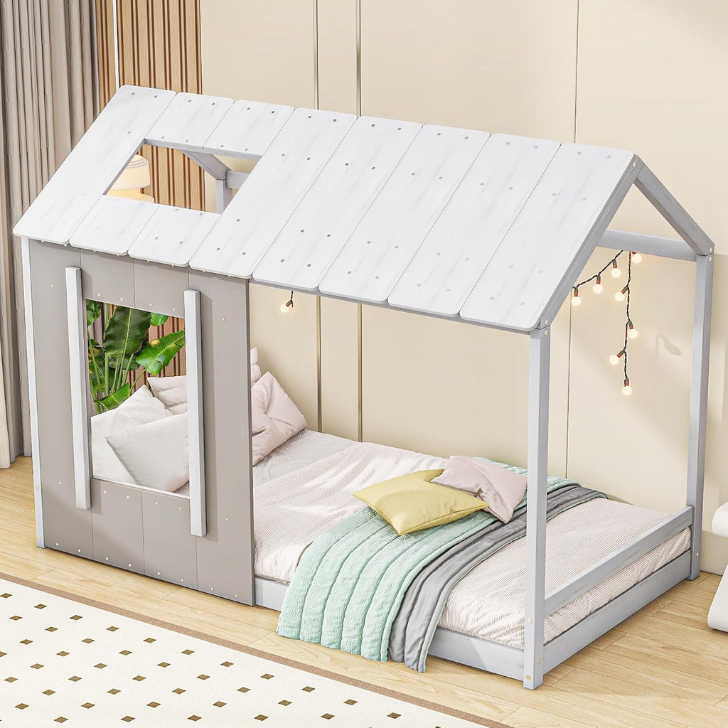 JIVOIT House Platform Bed with Roof and Window, Twin Size Kids House Bed Wood Bed Frame, Low Floor Bed for Toddler Kids Teens Boys Girls (Antique Grey+Antique White)