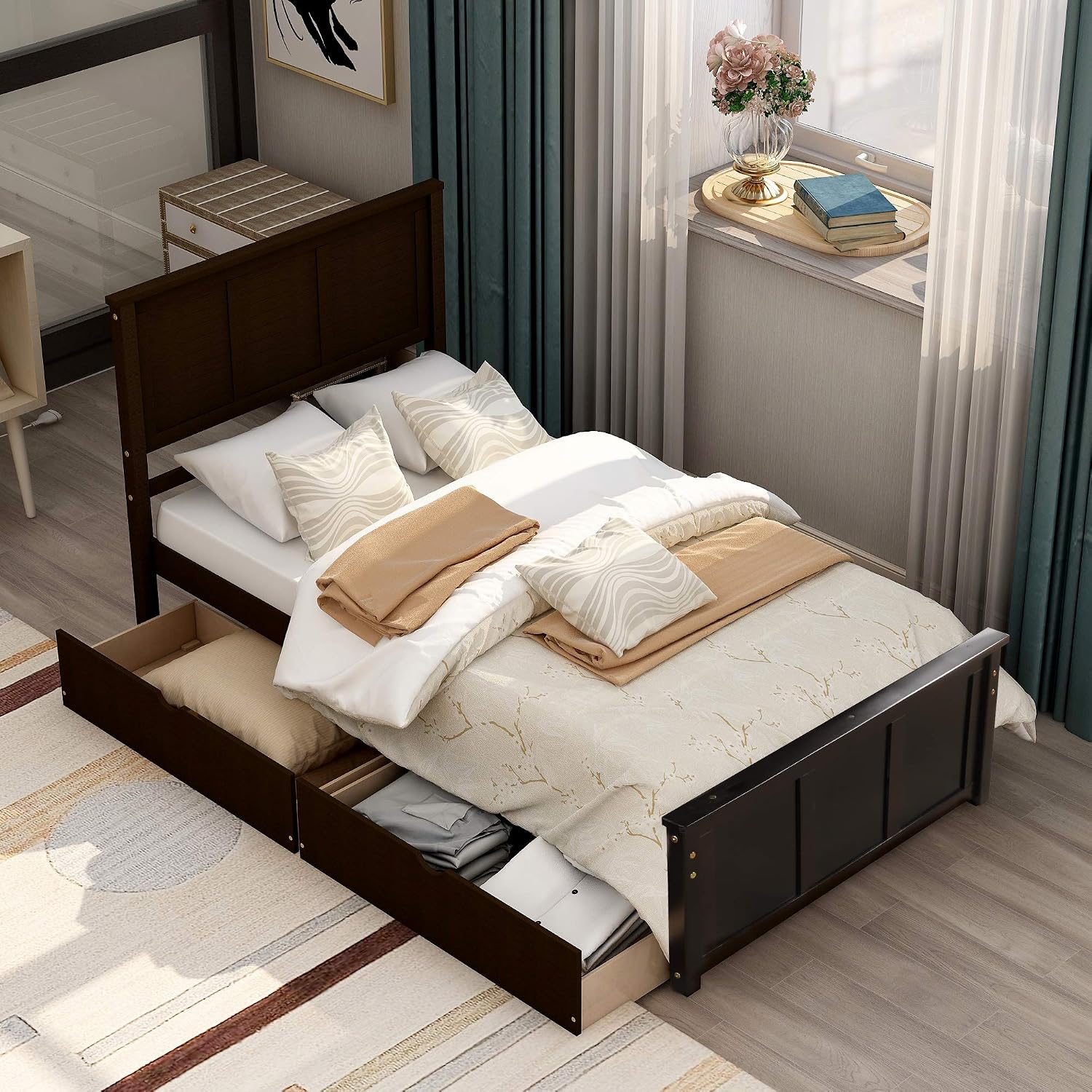 Twin Platform Bed with 2 Drawers and Headboard, Solid Wooden Twin Size Bed Frame with Storage and Wood Slats, Twin Size Platform Bed for Kids,Teens,Adults (Espresso)