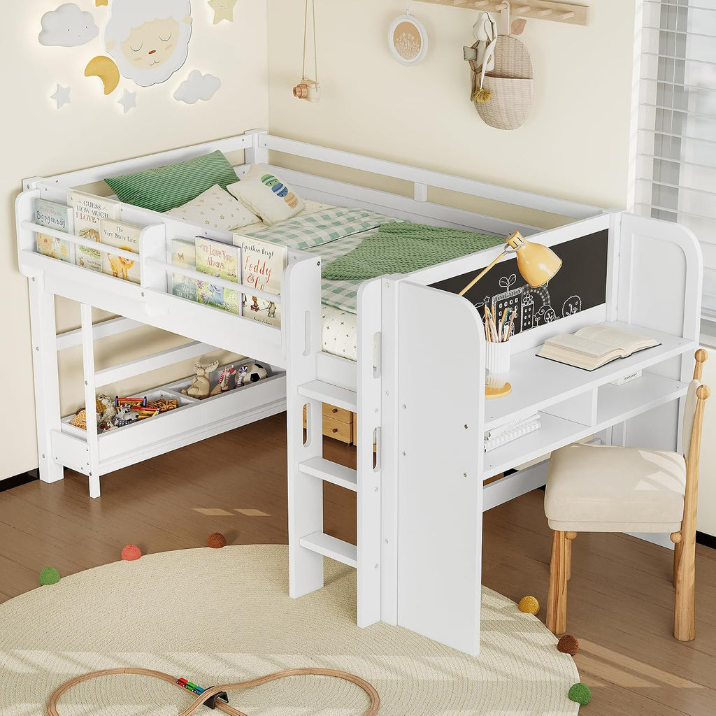 MERITLINE Twin Loft Bed with Desk & Blackboard, Twin Multi-Functional Bed with Storage, All-in-One Study & Play Design, White