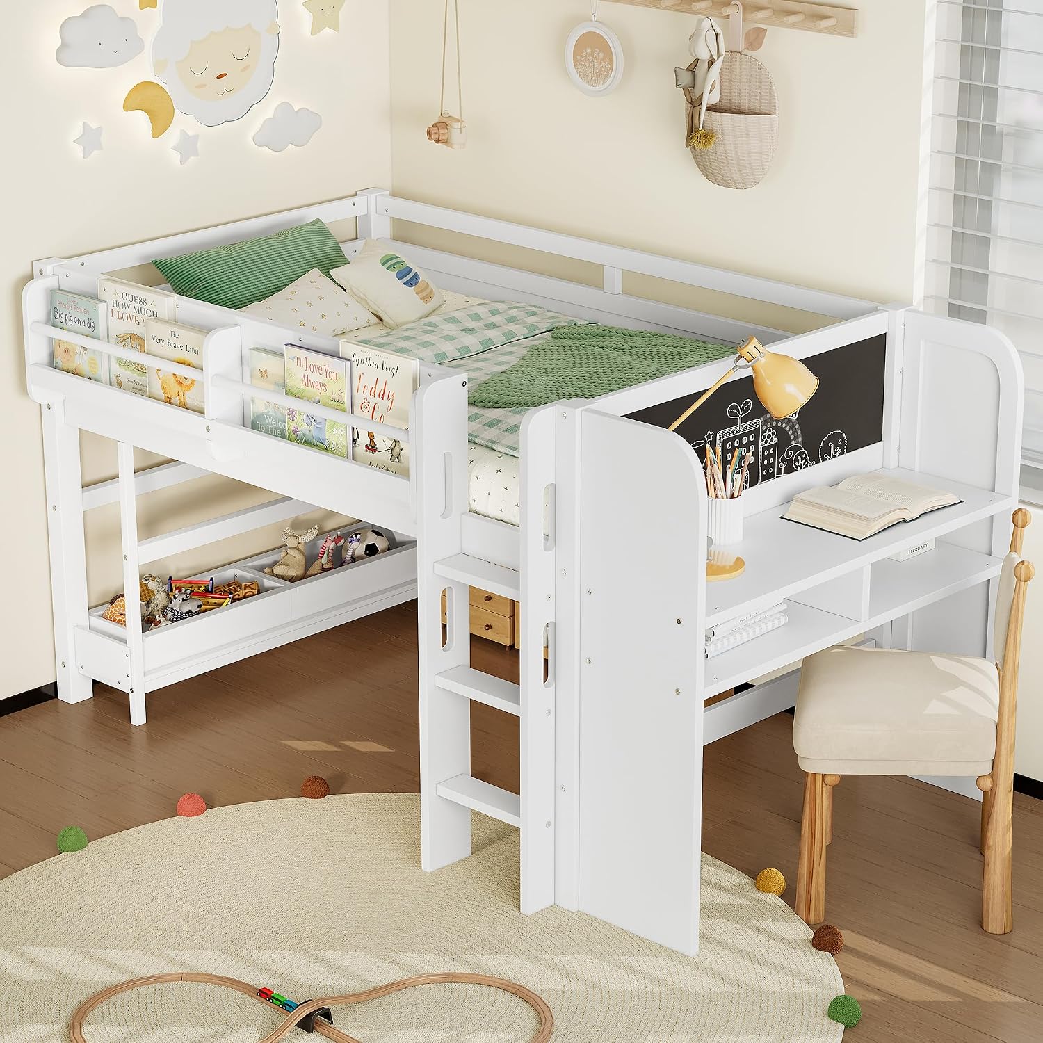 MERITLINE Twin Loft Bed with Desk & Blackboard, Twin Multi-Functional Bed with Storage, All-in-One Study & Play Design, White