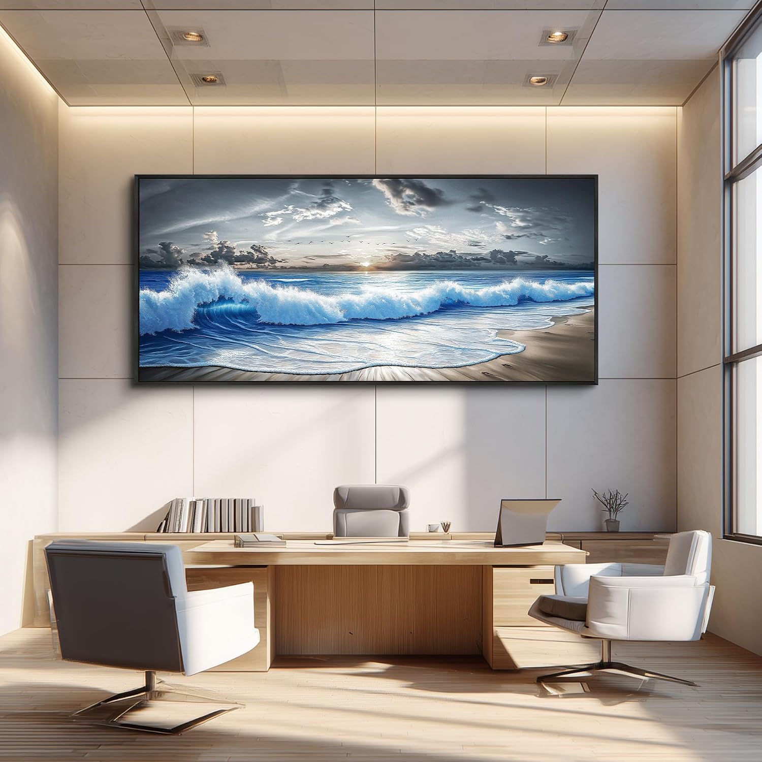 PHAOHUAXM Large Canvas Modern Black White Printed Artworks Wall Decor For Living Room Wall Art For Bedroom Office Dining room Blue Ocean Wave Painting Wall Pictures Home Decor 32'X72' Black Frame