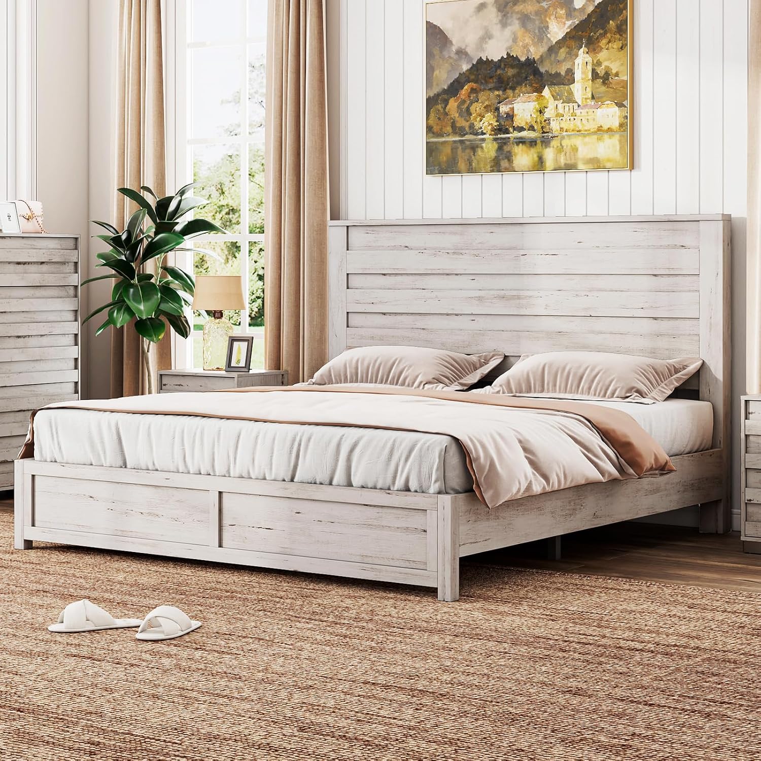 LUXOAK Farmhouse Queen Bed Frame with 49' Tall Headboard, Wooden Platform Bed with Hidden Metal Bed Frame, No Box Spring Needed/Noise Free, Distressed White