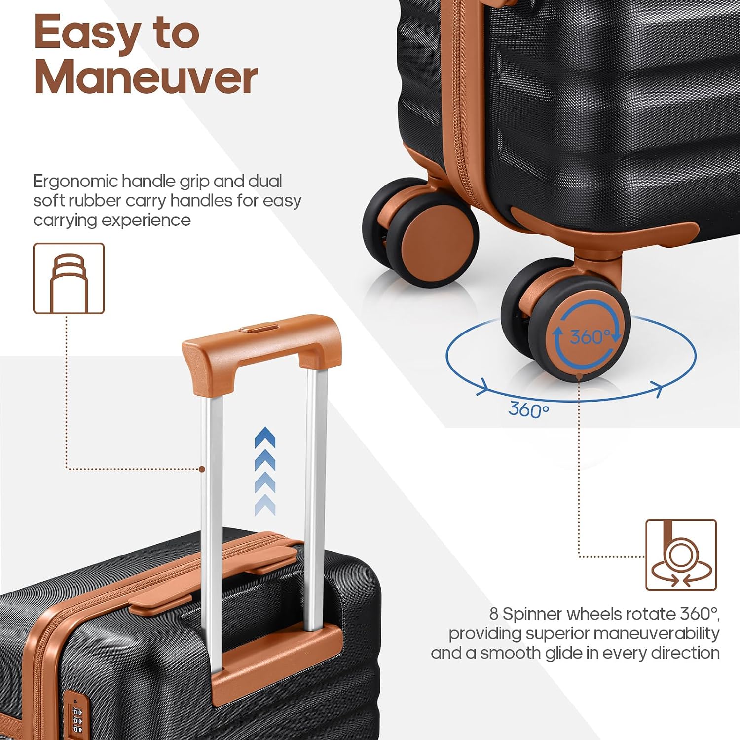 UKEIN Luggage Sets 3 Piece, PC Hardside Checked Luggage 24 Inch With Spinner Wheels with TSA Lock, Large Suitcase Set With Travel Backpack for Men (Black, 3 piece set (24inch))