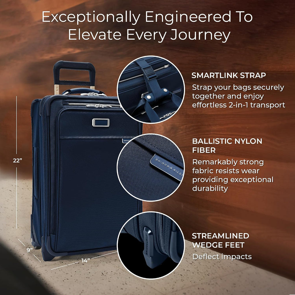 Briggs & Riley Essential 22' 2-Wheel Expandable Carry On - Luggage for Travel, Suitcases with Wheels, Softside Rolling Bag for Men & Women, Self-Repairing Zipper - Baseline Collection, Navy