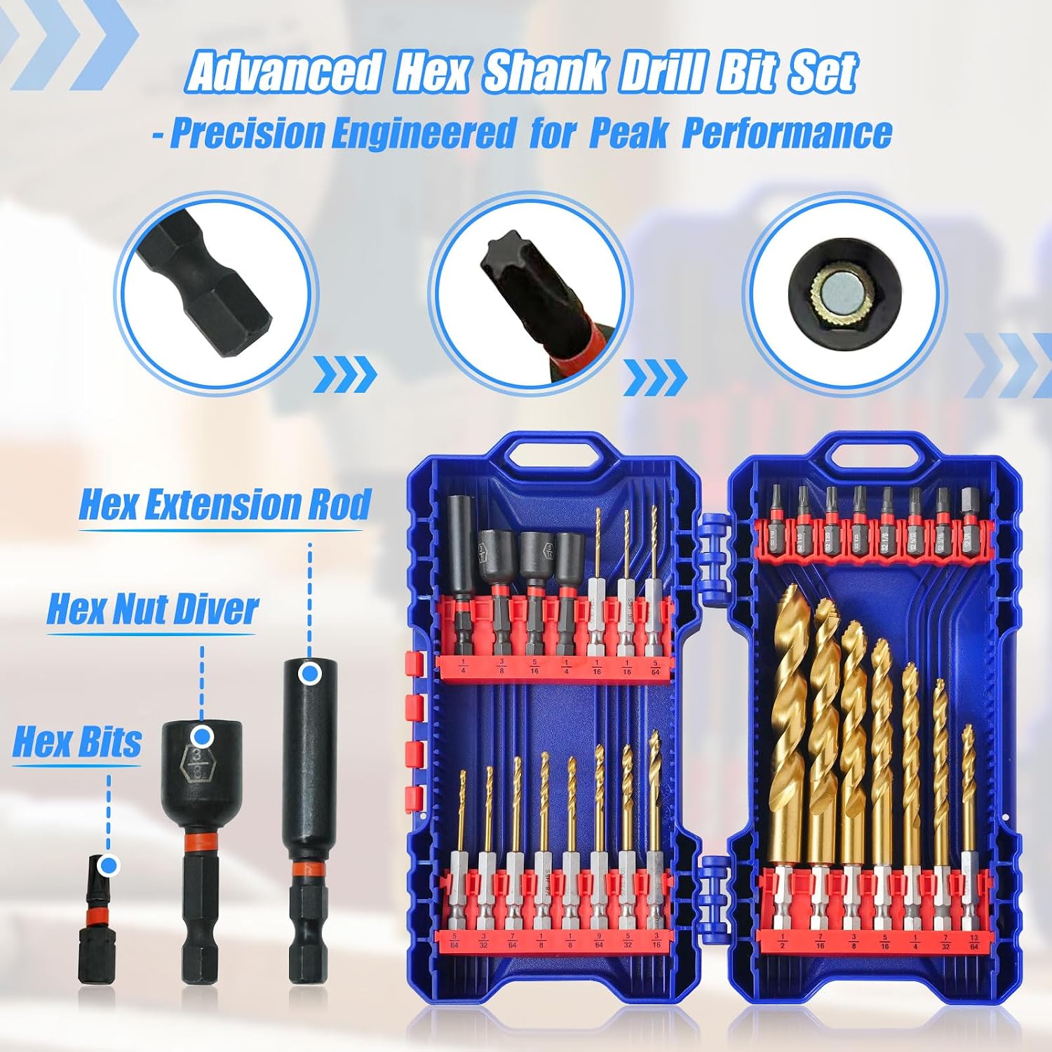 Handree 30pcs Hex Shank Stepped Point Drill Bit Set, No Pilot Hole Needed, 1/16'-1/2' for Impact Drivers, Titanium Drill Bits for Metal, Steel & Acrylic, Industrial, MRO & DIY Use