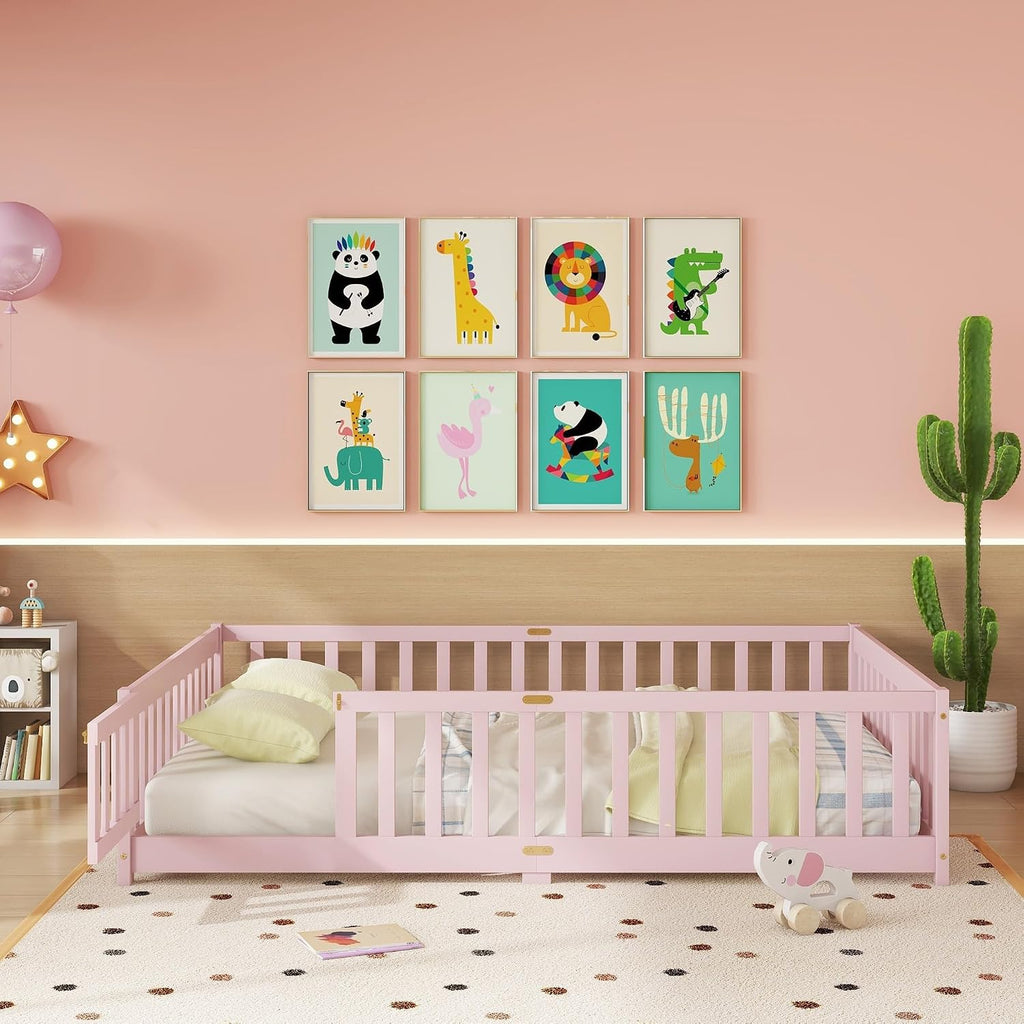 Full Size Floor Bed for Kids, Wooden Montessori Bed Frame with Door, Montessori Floor Bed with Rails for Boys and Girls, No Box Spring Needed, Pink