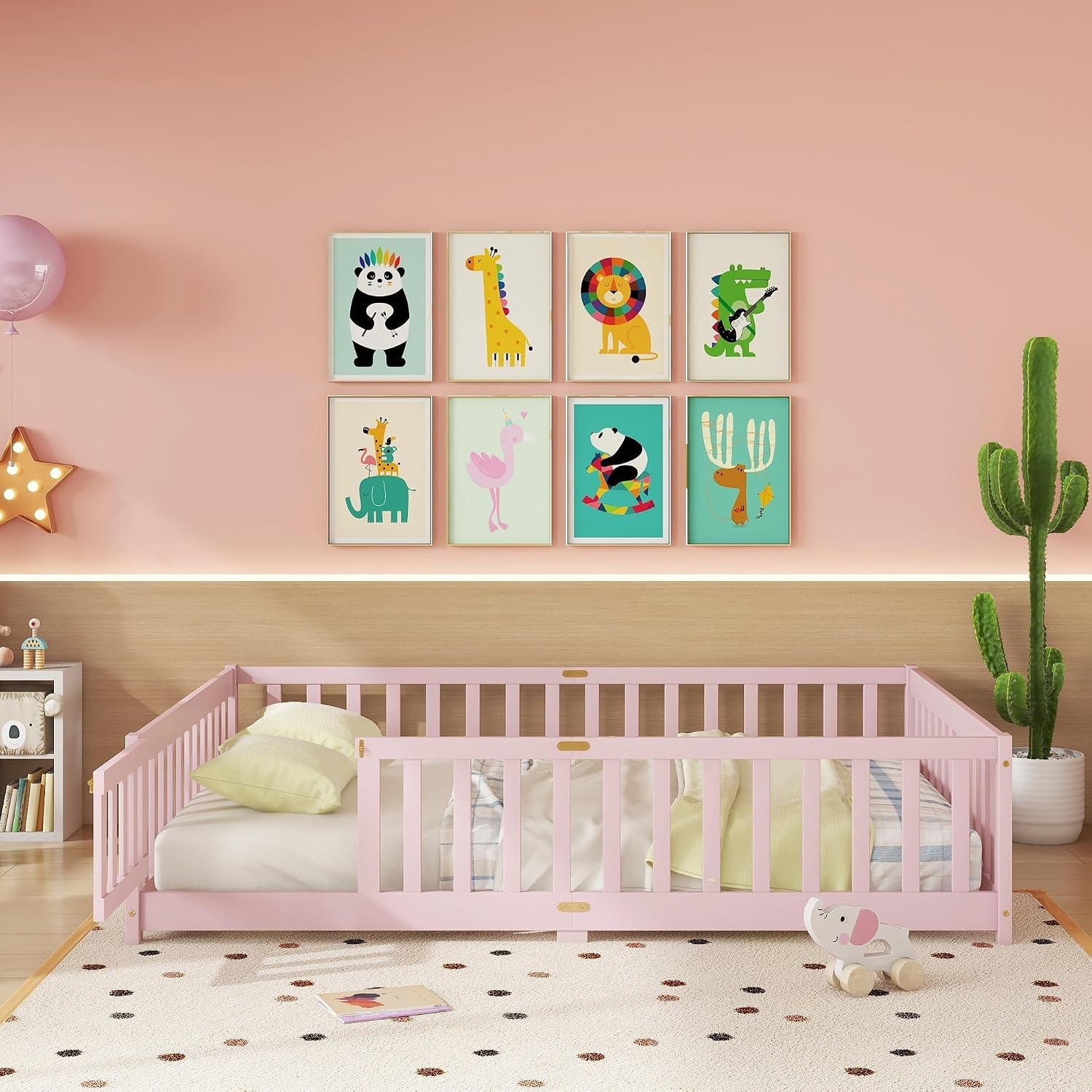 Full Size Floor Bed for Kids, Wooden Montessori Bed Frame with Door, Montessori Floor Bed with Rails for Boys and Girls, No Box Spring Needed, Pink