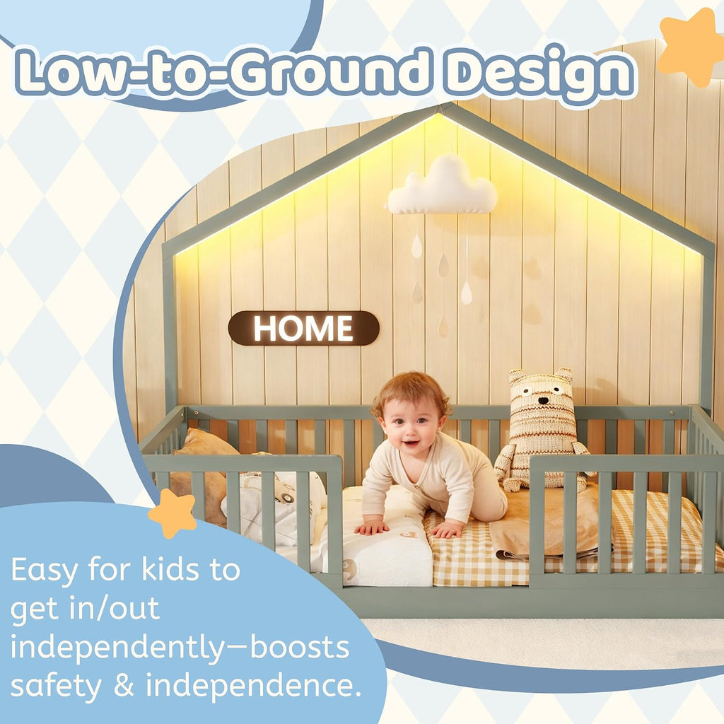 Twin Montessori Floor Bed with High Rails, Wooden Montessori House Bed Twin with Light & Slats, Low Profile Beds for Kids Girls Boys, Gray