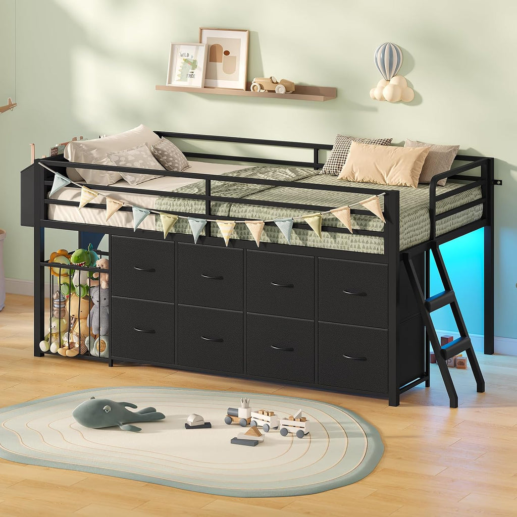 UPOSOJA Twin Size Low Loft Bed with RGB Lights & Play Zone, 8 XL Drawers, Kids Play Loft Bed with 2-Step Ladder & Anti-Tip Kit (Black)