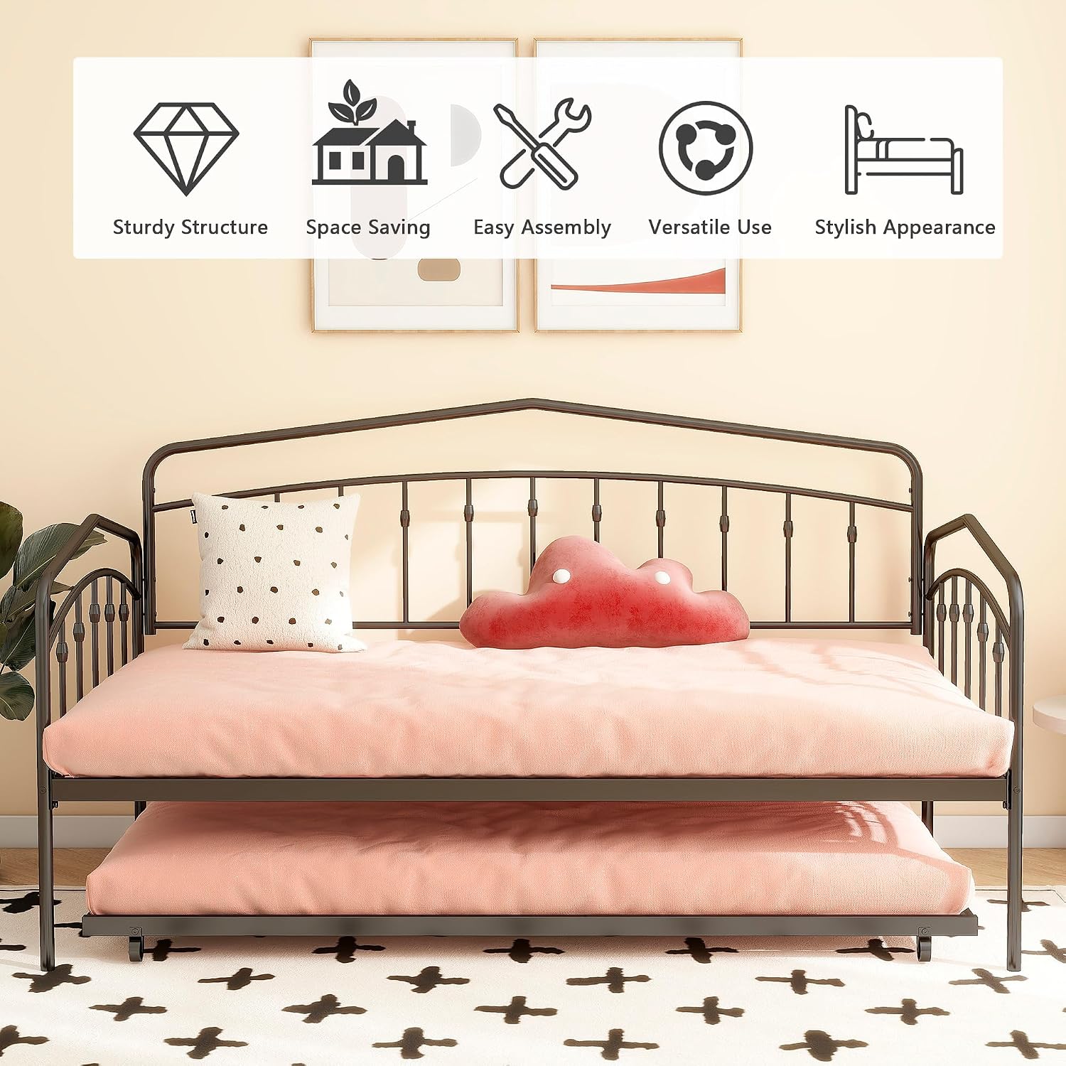 mikibama Twin Daybed with Trundle,Victorian Metal Daybeds with Pull Out Trundle,Vintage Guest Day Bed Frame Twin Size for Living Room,Bedroom,Apartment (Victorian Black with Trundle)