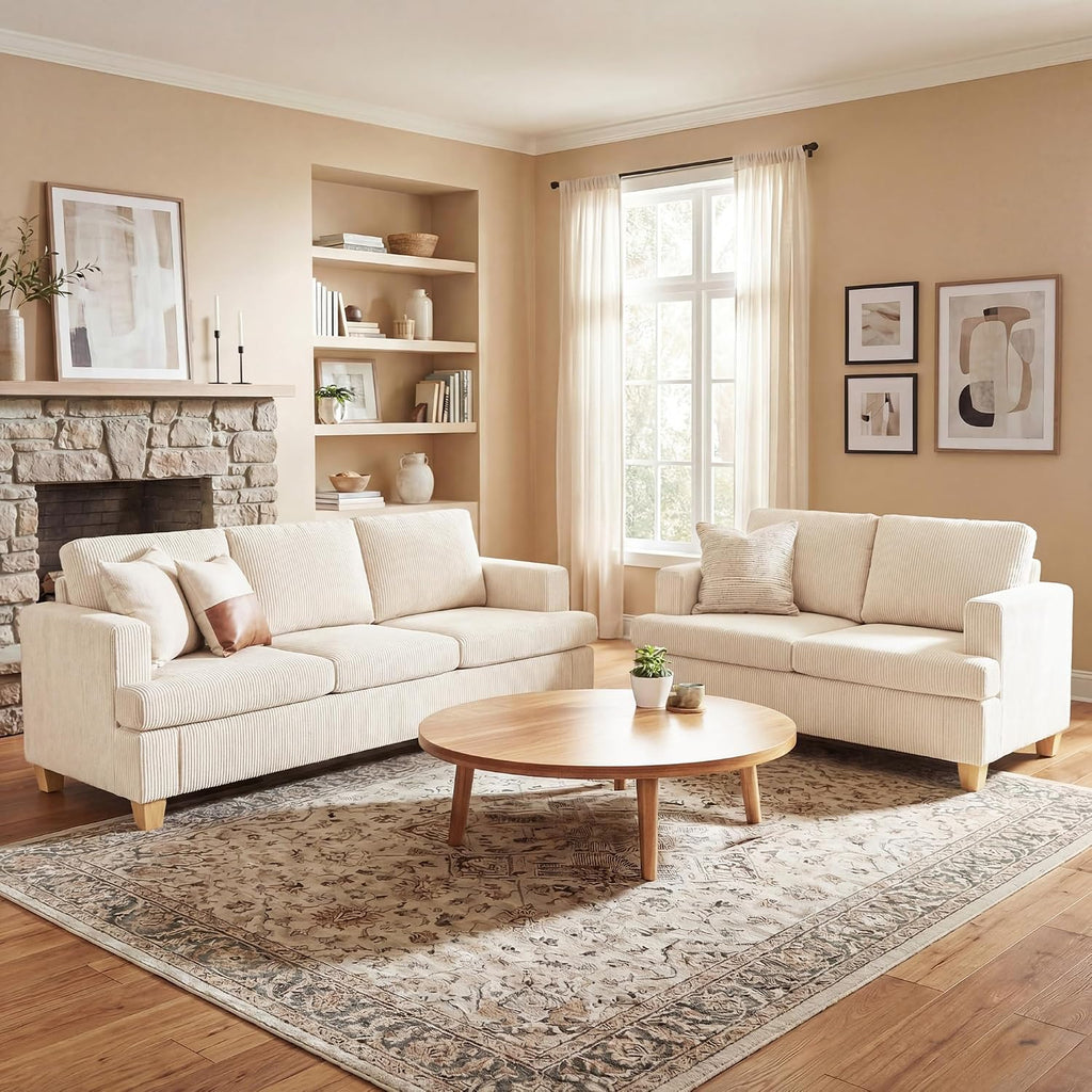 Fiona's magic 2 Pieces Corduroy Couch Set for Living Room, 5 Seats Cloud Sofa, Deep Seat Floor Couch for Bedroom, Futon Modern Sofa Bed, White Corduroy