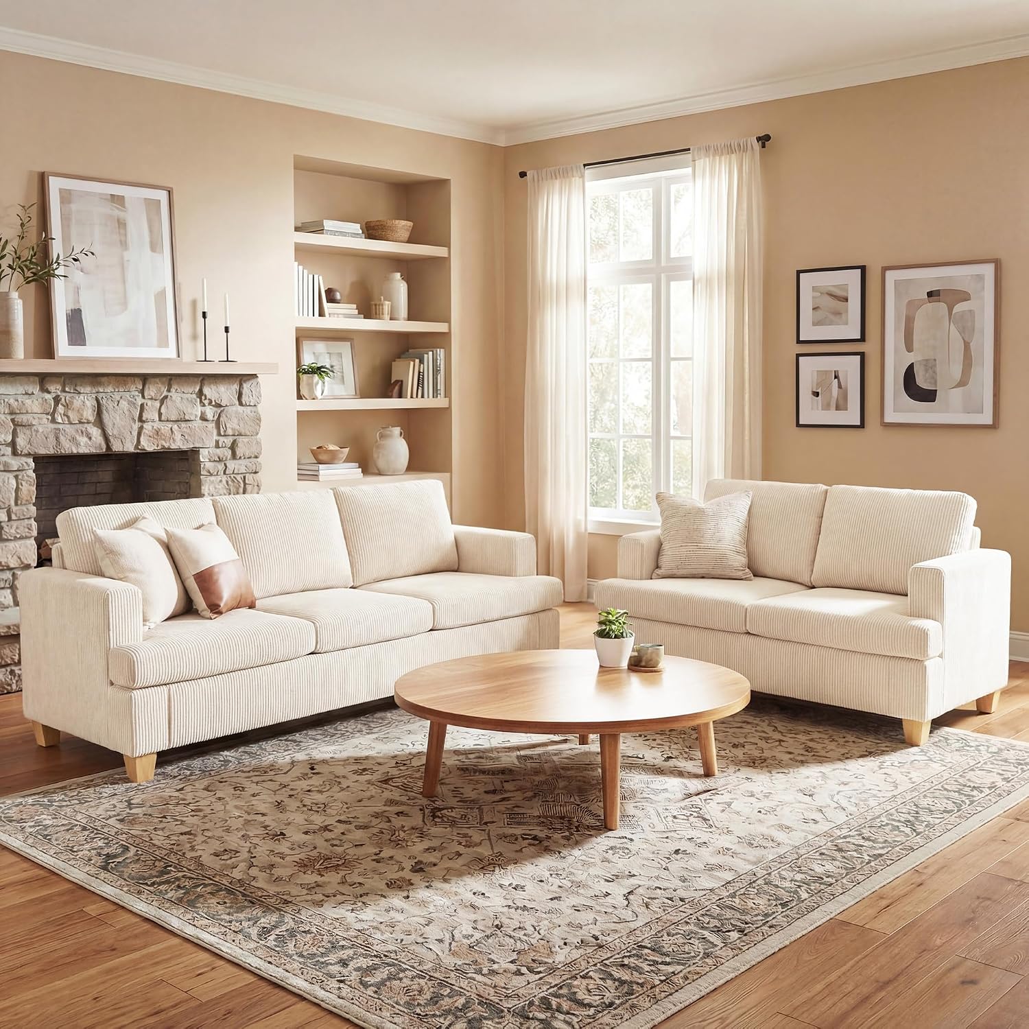 Fiona's magic 2 Pieces Corduroy Couch Set for Living Room, 5 Seats Cloud Sofa, Deep Seat Floor Couch for Bedroom, Futon Modern Sofa Bed, White Corduroy