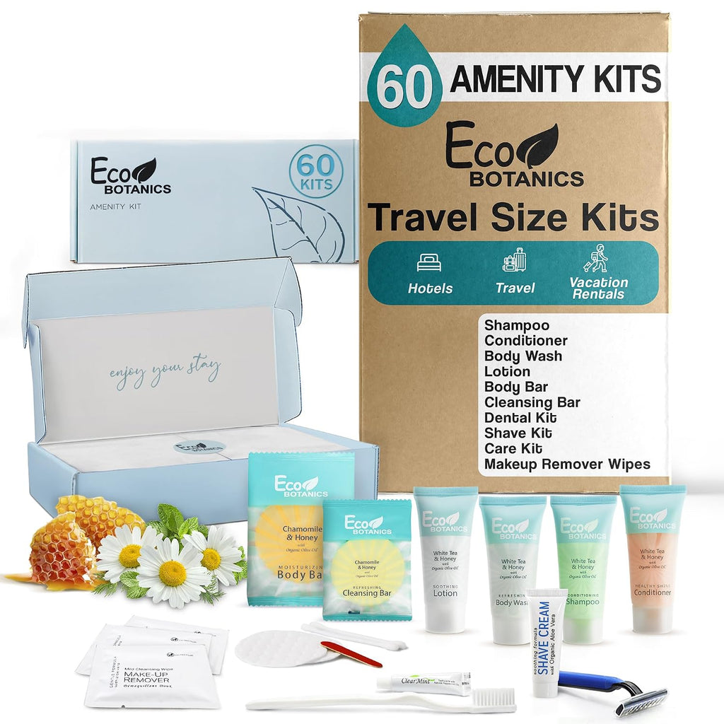 Terra Pure Eco Botanics Amenity & Accessory Kit | 0.85 oz Travel Size Shampoo, Conditioner, Lotion, Body Wash, Soap Bar, Shave & Dental Sets, Make-Up Remover Wipes, & Vanity Kit | 60 sets per case