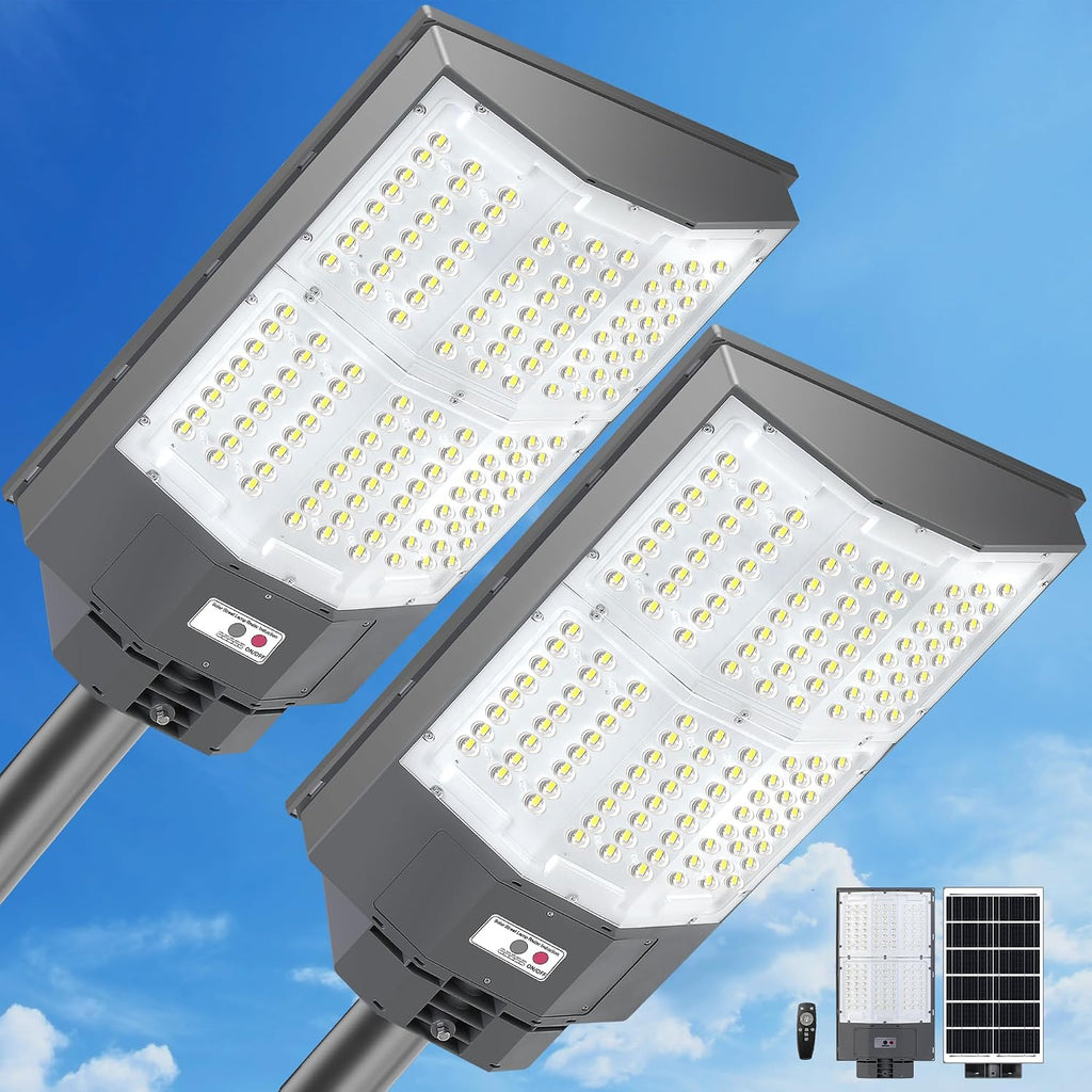 2PCS 10500W Solar Street Light, 650000LM 7000K Commercial Solar Parking Lot Light Dusk to Dawn, IP67 Waterproof with Motion Sensor & Remote, Ideal for Farm Ranch Driveway Yard Garage Small Business