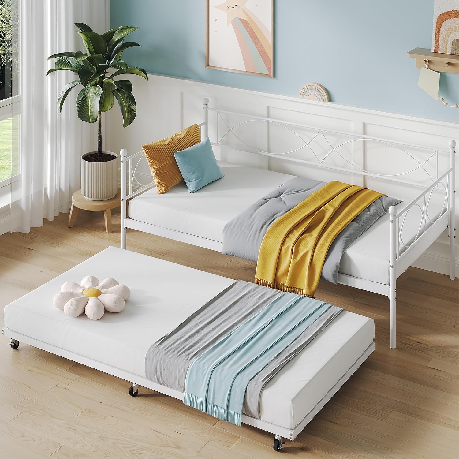 IDEALHOUSE Twin daybed with Trundle, Metal Twin Daybed and Trundle Set, Day Bed Sofa Bed Frame with Steel Slat Support, Multifunctional Daybed Frame for Bedroom (Modern - White)