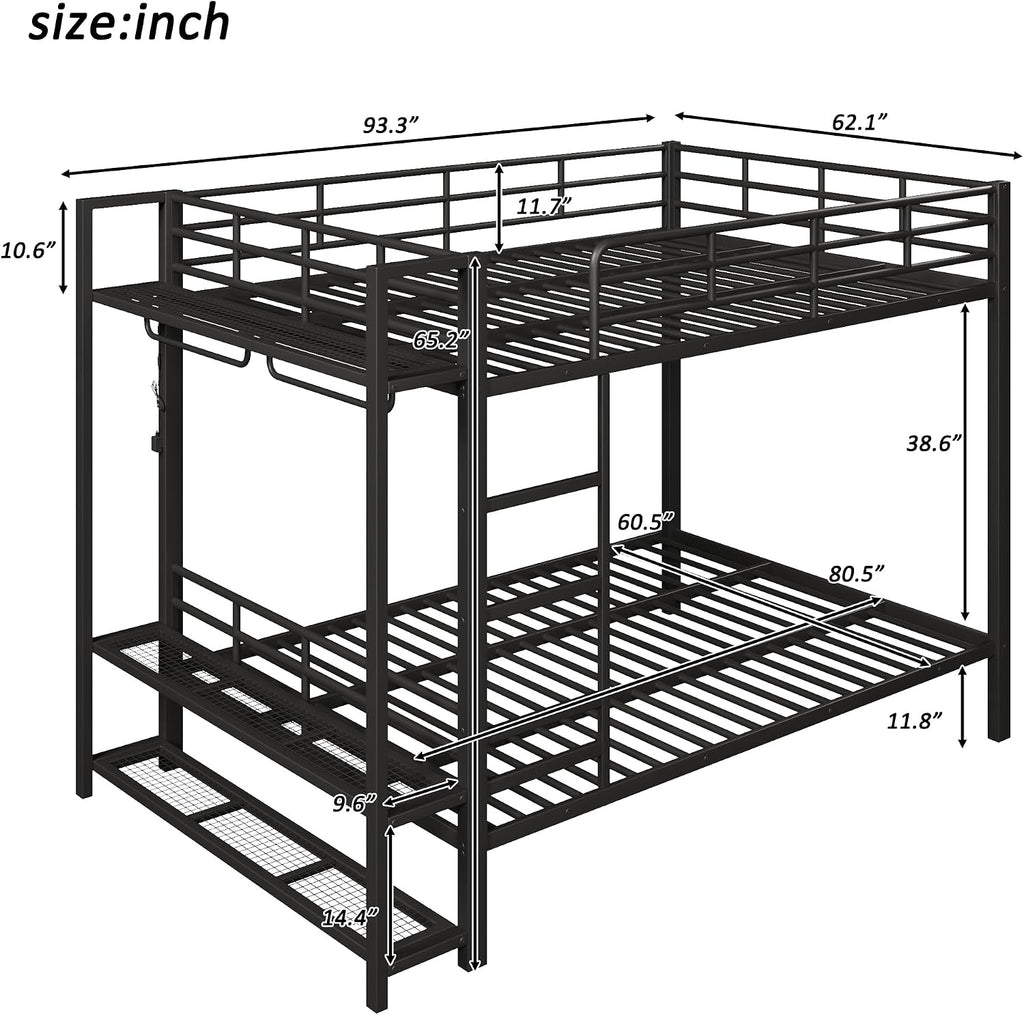 JIVOIT Metal Bunk Bed with Storage Mesh Shelves and Clothes Hooks, Open Storage Shelves, Queen Size Bunk Bed with Full-Length Reinforced Guardrails for Teens and Adults, No Box Spring Needed