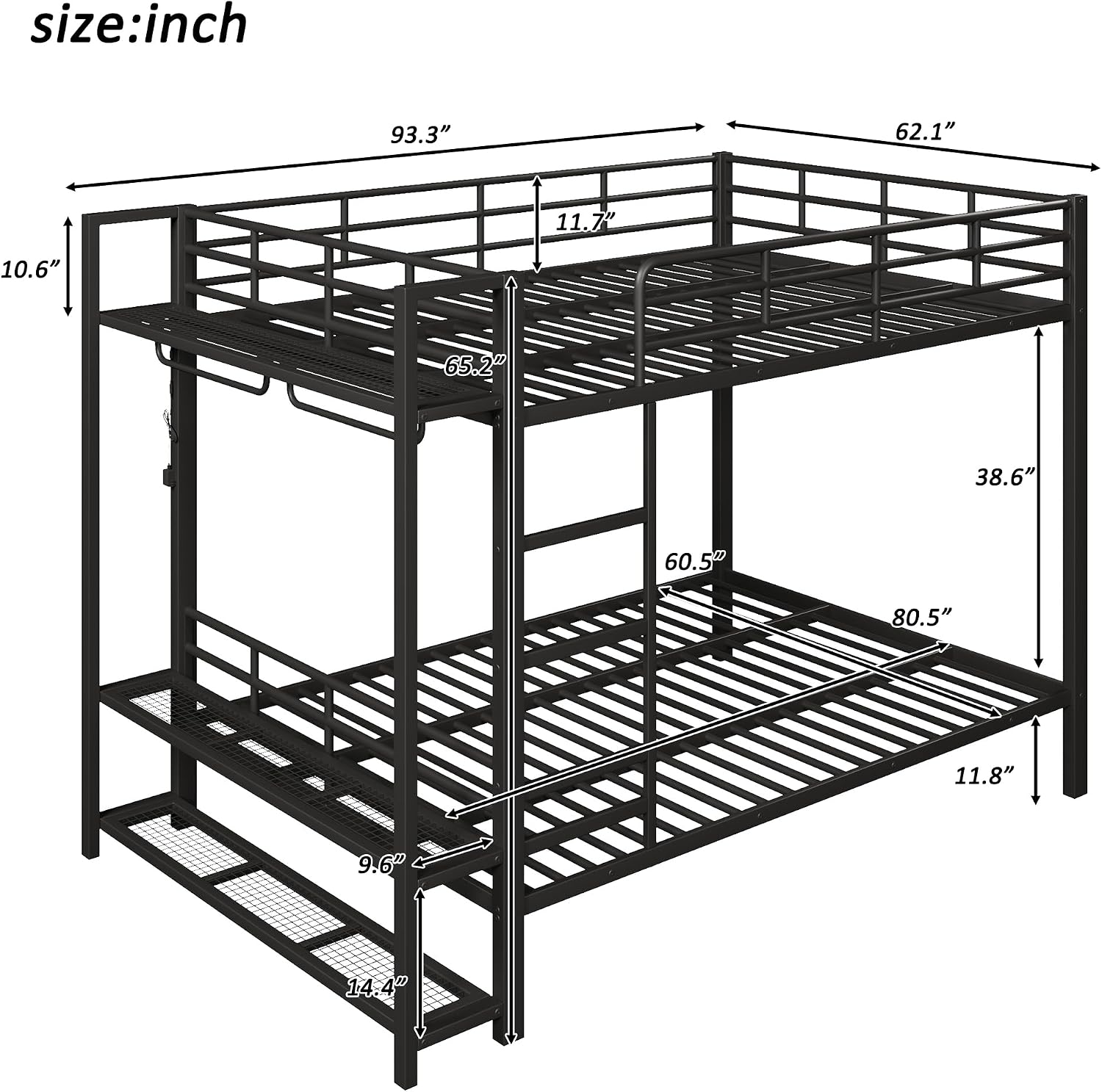JIVOIT Metal Bunk Bed with Storage Mesh Shelves and Clothes Hooks, Open Storage Shelves, Queen Size Bunk Bed with Full-Length Reinforced Guardrails for Teens and Adults, No Box Spring Needed