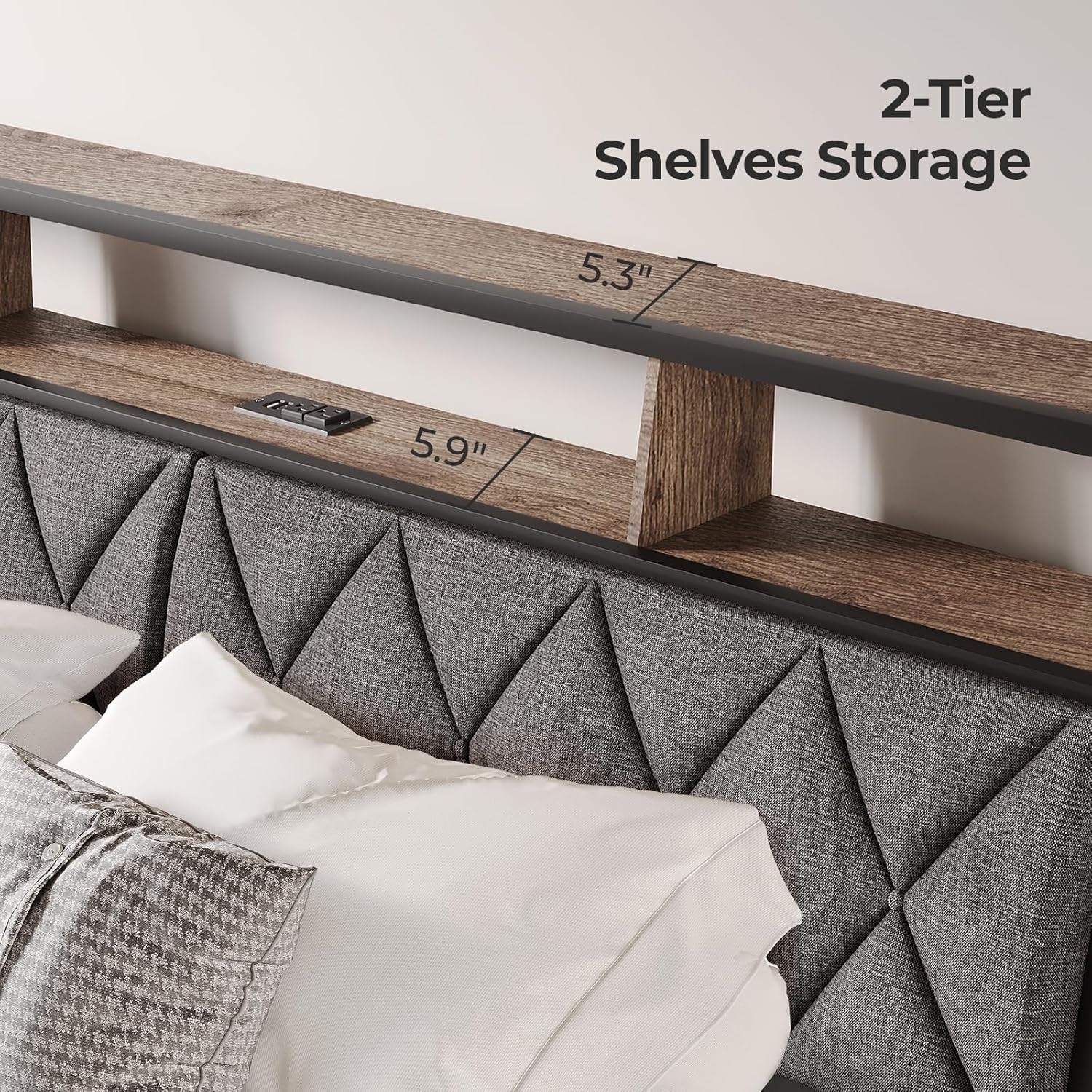 Queen Headboard Only, Headboard for Queen Size Bed with Storage, Upholstered Headboards with LED Lights & Charging Station, Attach Frame, Ideal for Bedroom/Dorm/Guest Room, Dark Grey & Brown