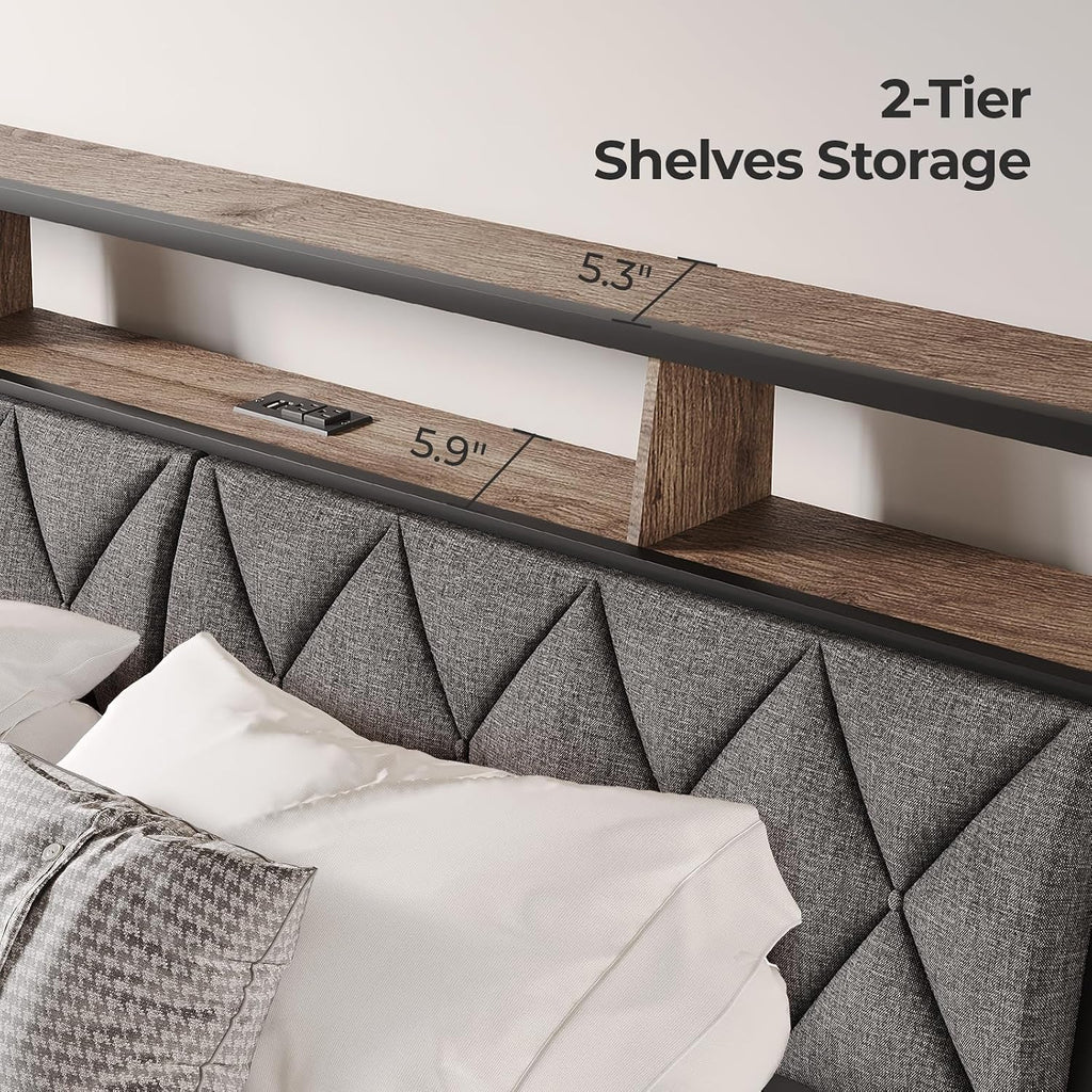 King Headboard Only, Headboard for King Size Bed with Storage, Upholstered Headboards with LED Lights & Charging Station, Attach Frame, Ideal for Bedroom/Dorm/Guest Room, Dark Grey & Brown