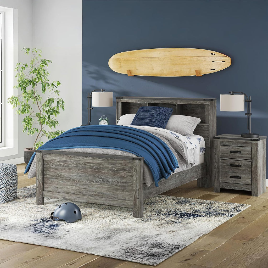 Signature Design by Ashley Frandern Rustic Bookcase Panel Bed with Nailhead Accents, Foundation or Box Spring Needed, Full, Gray
