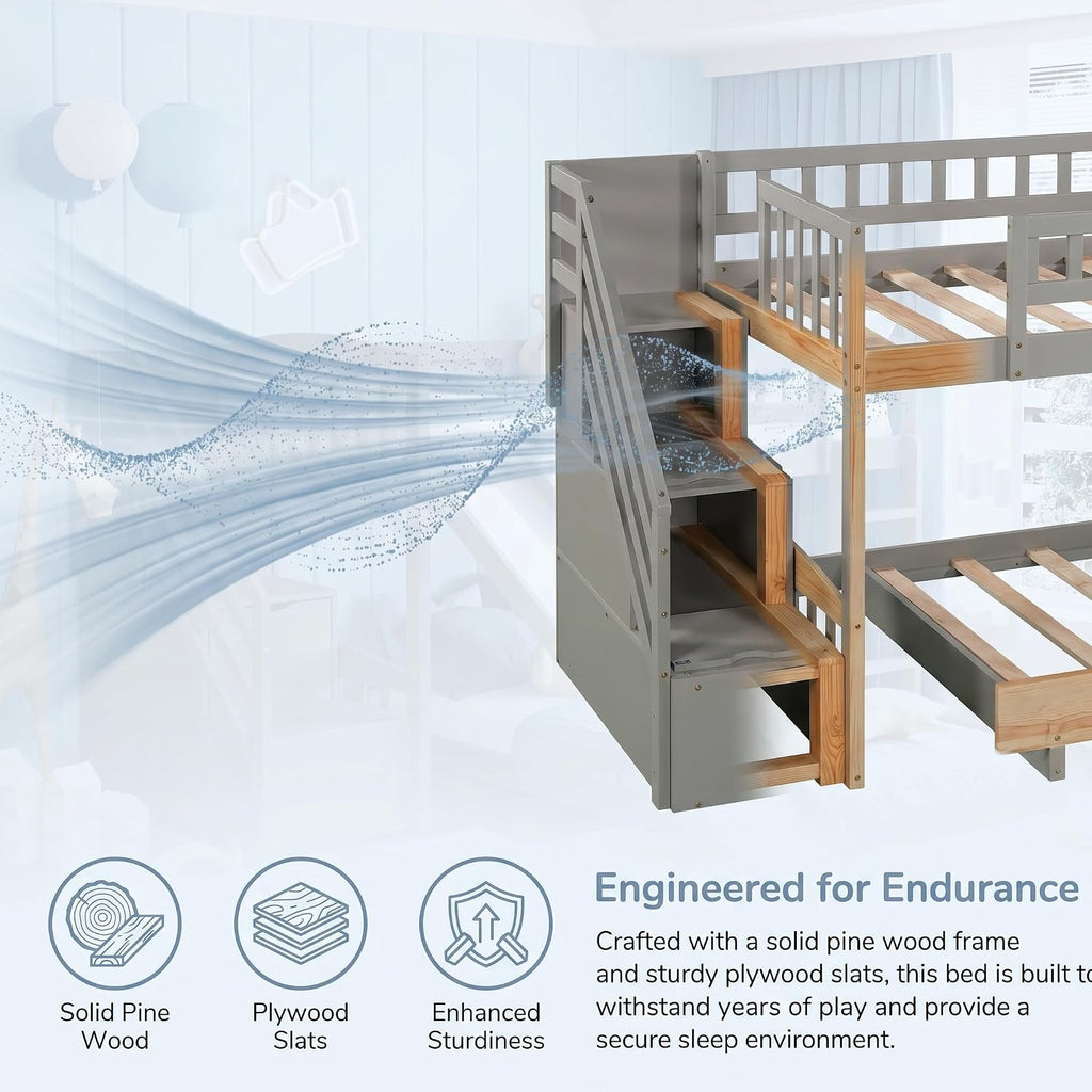 Bellemave Twin Over Twin Stairway Bunk Bed with 2 Storage Drawers and Slide, Pinewood Frame, Full-Length Guardrails, Convertible Ladder Slide Staircase, No Box Spring for Kids Bedroom (Grey)