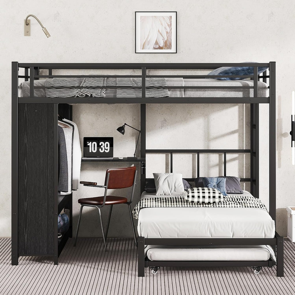 JIVOIT Metal Bunk Bed with Trundle, Queen Over Twin Bunk Bed with Foldable Desk, Built-in Wardrobe, Ladders and Safety Guard, Noise-Reduced Design, Space-Saving, No Box Spring Needed