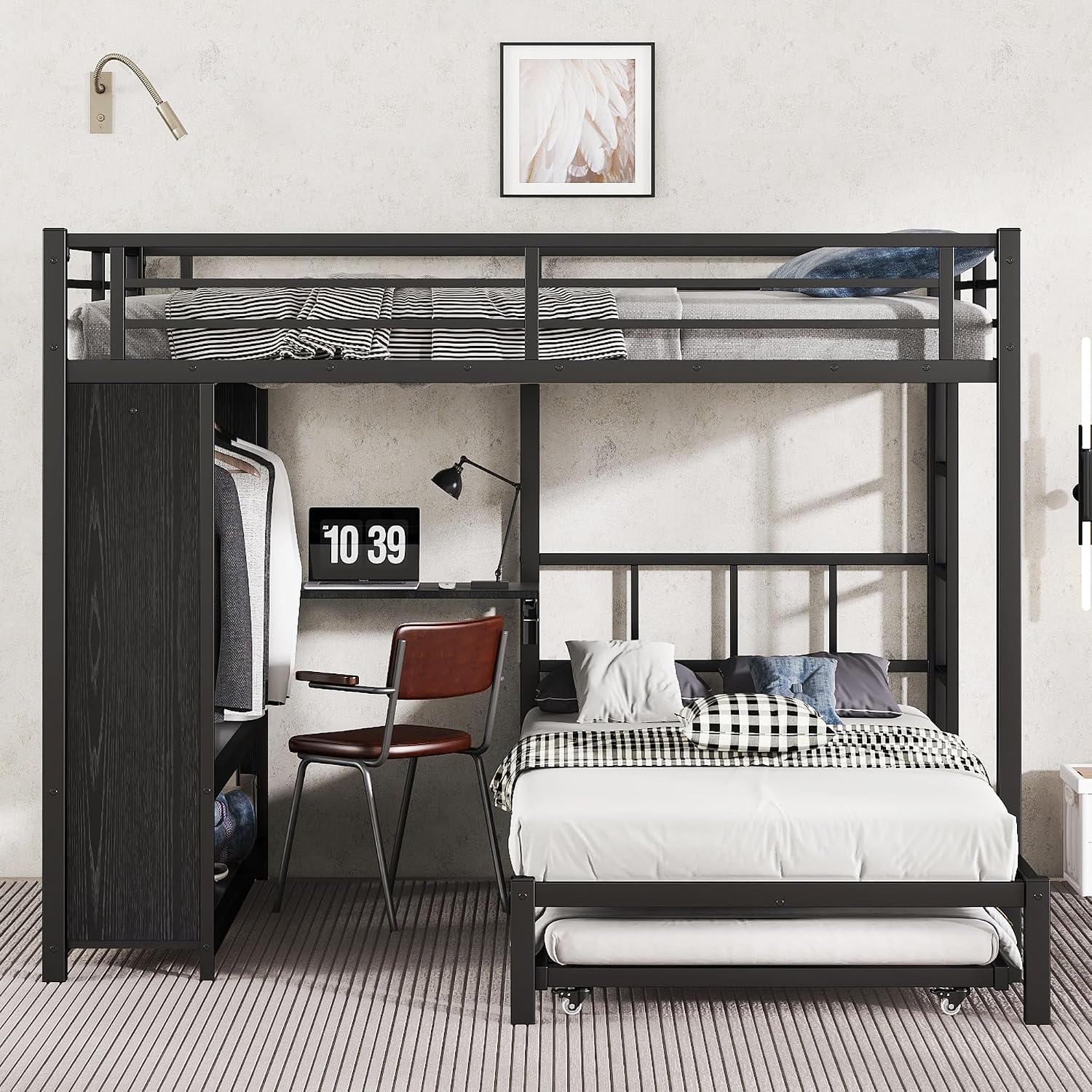 JIVOIT Metal Bunk Bed with Trundle, Queen Over Twin Bunk Bed with Foldable Desk, Built-in Wardrobe, Ladders and Safety Guard, Noise-Reduced Design, Space-Saving, No Box Spring Needed