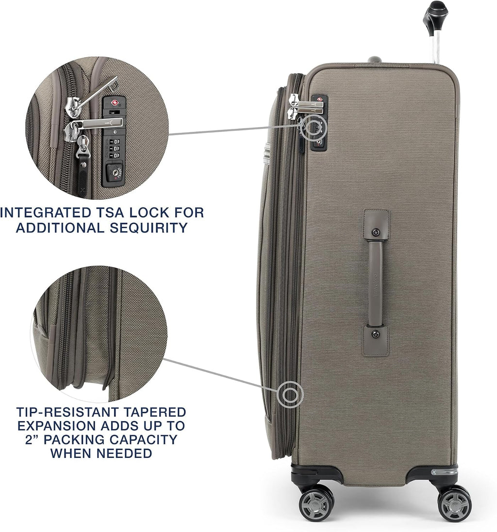 Travelpro Platinum Elite Softside Expandable Checked Luggage, 8 Wheel Spinner Large Suitcase, TSA Lock, Men and Women, Metallic Sand, Checked Large 29-Inch