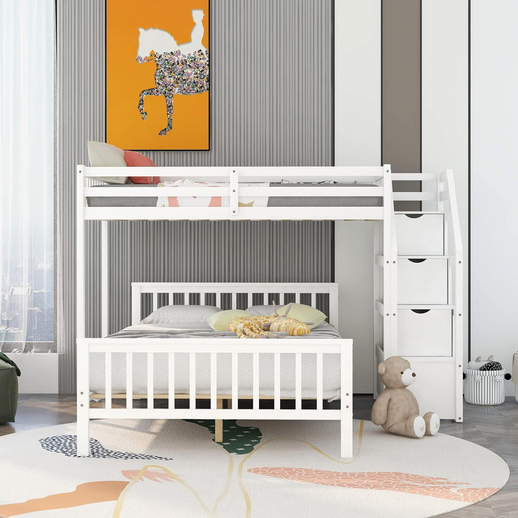 Harper & Bright Designs Twin Over Full Loft Beds, Bunk Beds Twin Over Full with Stairway and Storage, Full-Length Guardrail, No Box Spring Needed (White, Twin over Full)