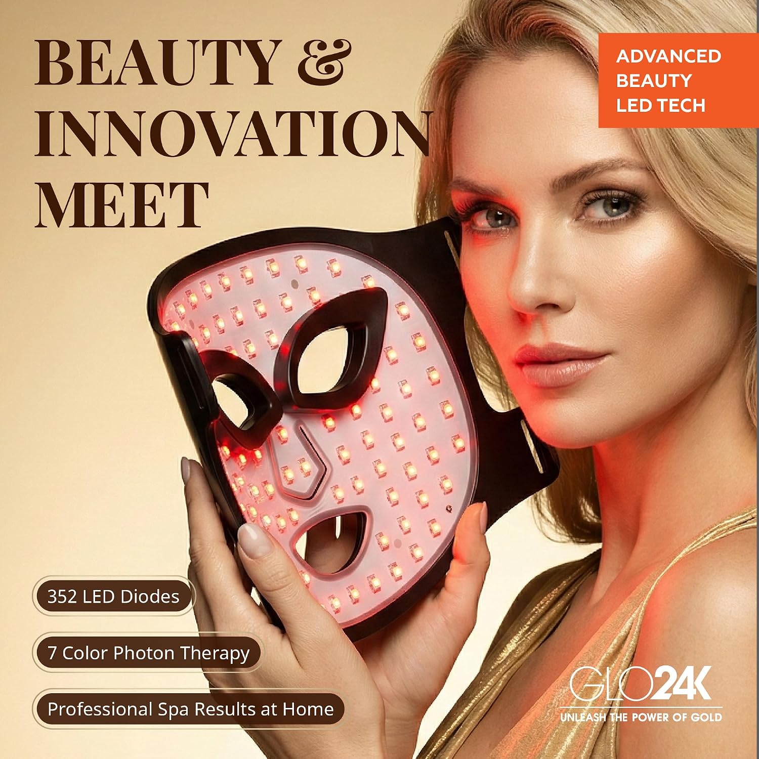 GLO24K LED Face Mask Light Therapy – Red Light Therapy Mask with 7 Color Modes, Infrared LED Facial Mask, Rechargeable Skin Care Device for At-Home Use