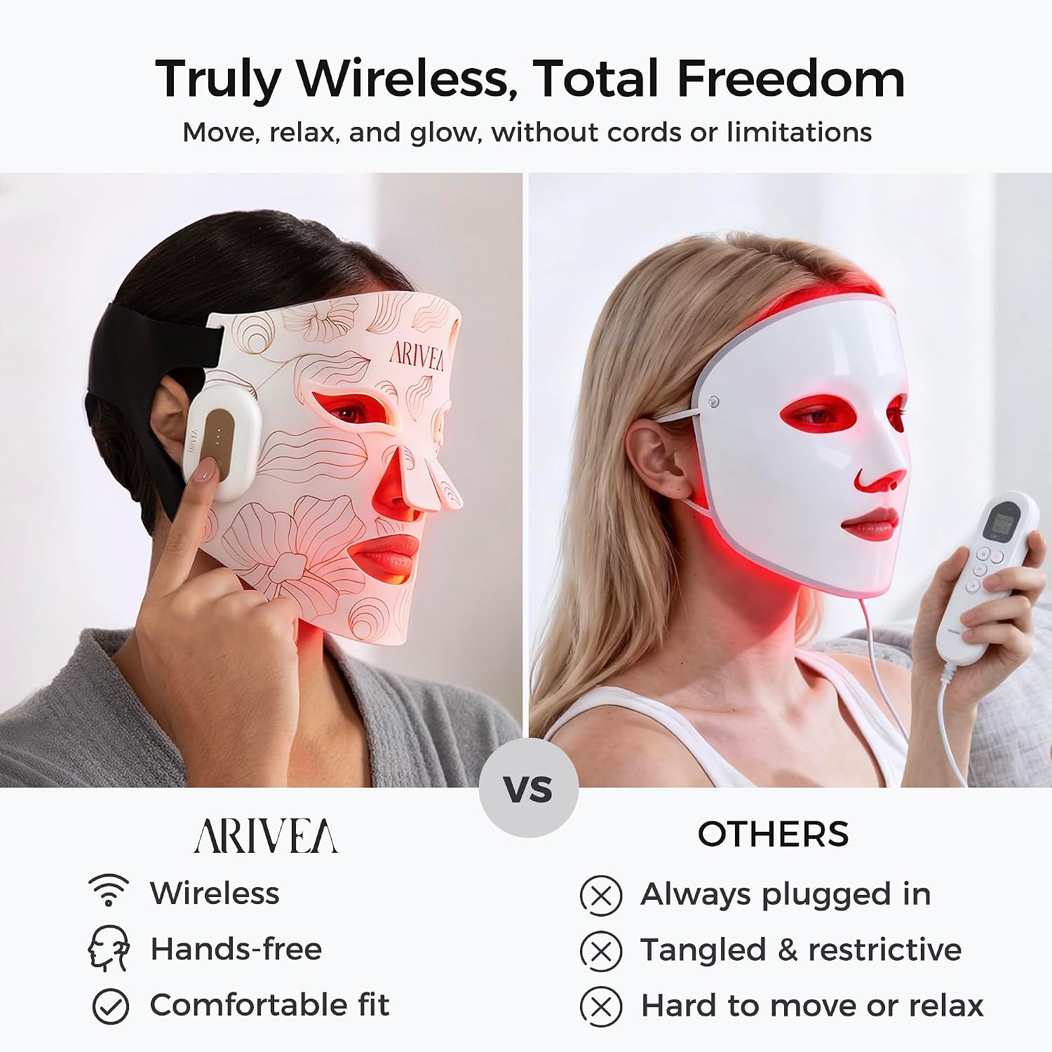 ARIVEA Red Light Therapy Mask for Face – Infrared Wireless LED Face Mask with 3 Modes, Portable Cordless Anti-Aging Light Therapy for Wrinkle Reduction, Acne Care & At-Home Skin (White)