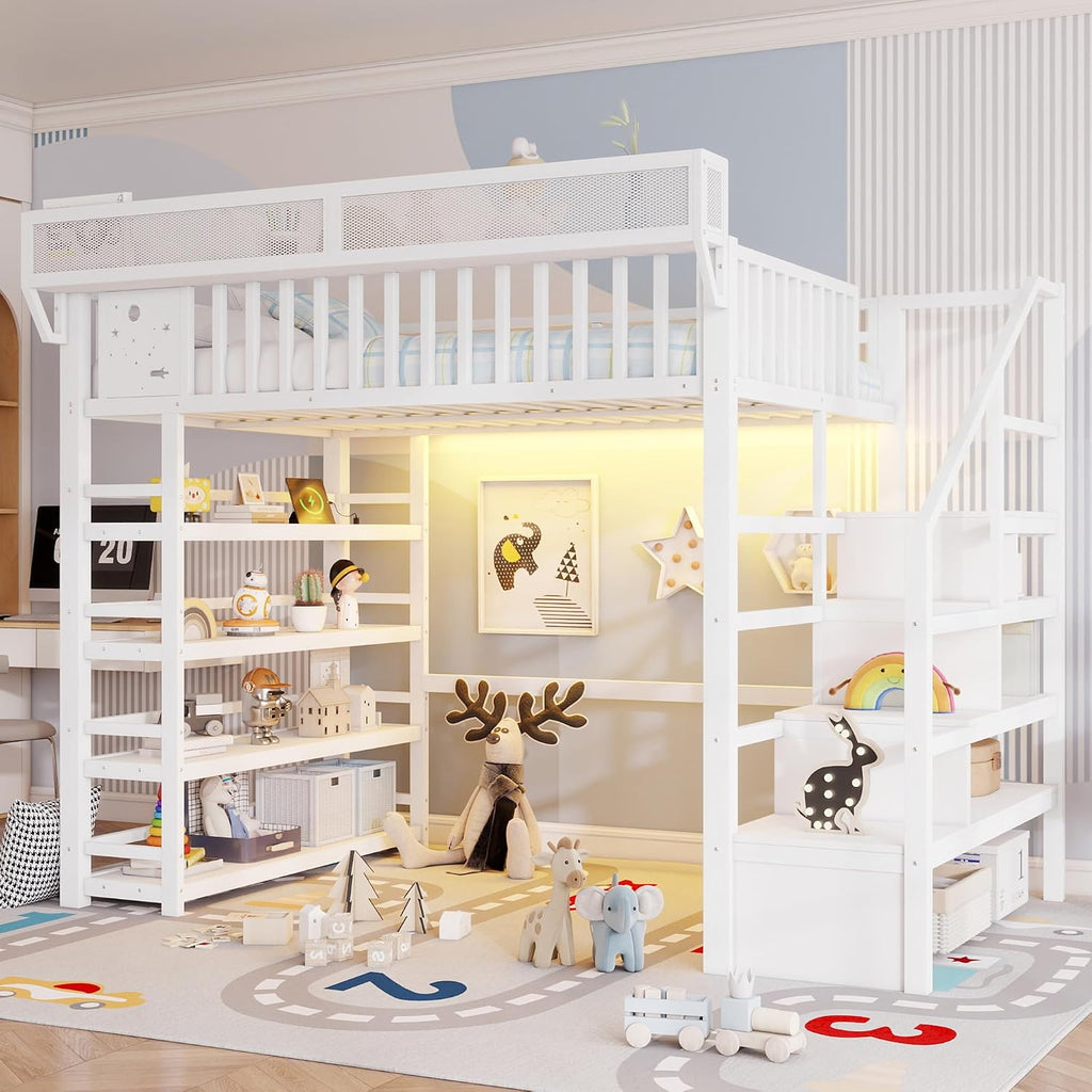 JIVOIT Metal Full Loft Bed with 4 Shelf Storage Rack, Stairs Storage, Open Shelves for Upper, Space-Saving Full Loft Bed with Guardrails and Metal Slats Support for Kids Teens (White/1)