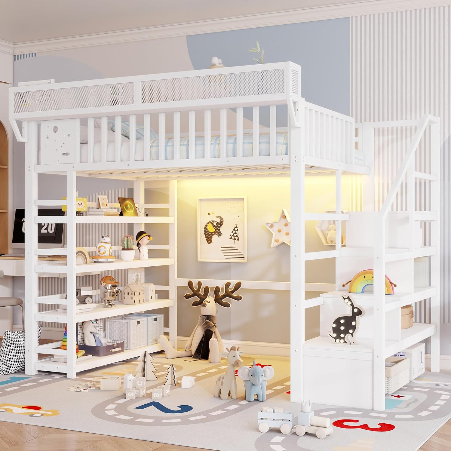 JIVOIT Metal Full Loft Bed with 4 Shelf Storage Rack, Stairs Storage, Open Shelves for Upper, Space-Saving Full Loft Bed with Guardrails and Metal Slats Support for Kids Teens (White/1)